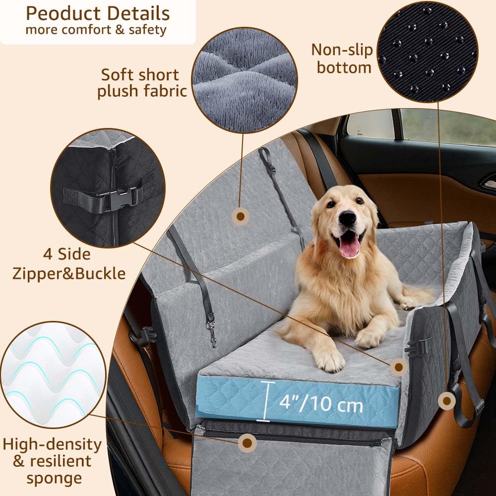 unipaws Asiento de coche para perros medianos/grandes de hasta 55 kg, asiento elevador para mascotas con 2 cinturones de seguridad y bolsillos laterales, fácil entrada frontal/lateral, cama