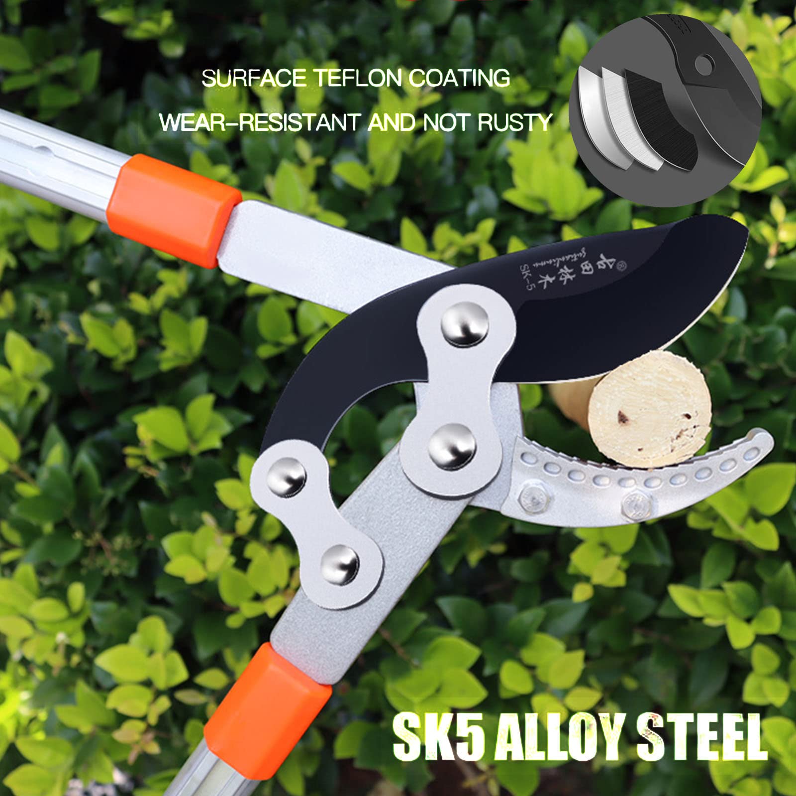 Tijeras de Podar para Ramas Gruesas,Tijeras Telescópicas Yunque,Corte Bypass para Trabajos,Tijera de Jardinería Fabricada,Cuchilla de Acero SK-5 y Recubiertas de Teflón,Mango de Aluminio,Naranja