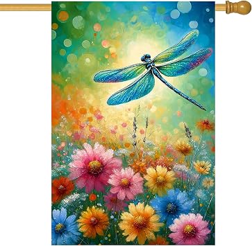 BlissYard Spring Summer House Flag 28x40Inch Dragonfly and Floral Decor | Double sided polyester, Dragonfly and Floral design, spring summer yard porch and seasonal outdoor decor
