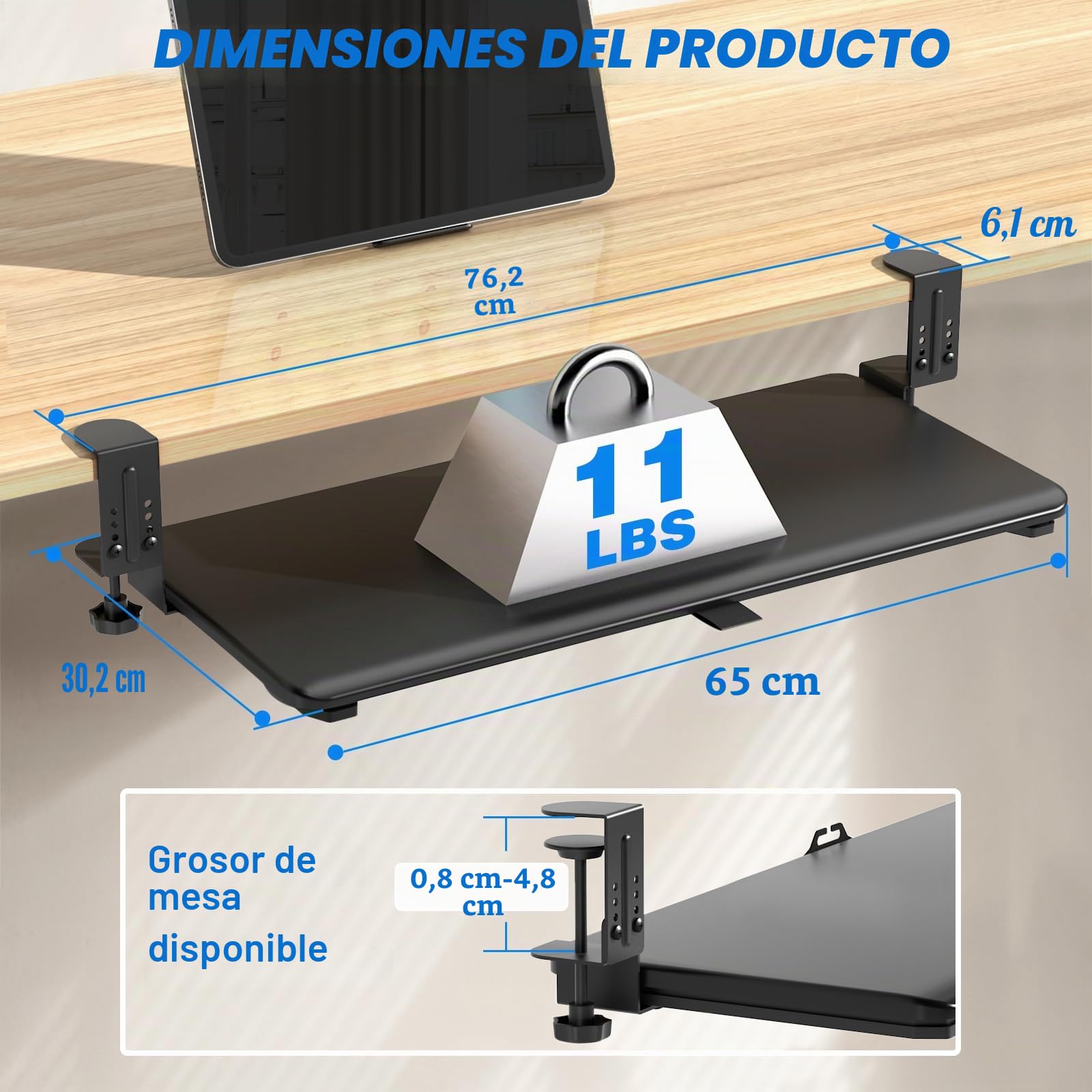 5Rcom Bandeja Teclado Bajo Mesa, Soporte Teclado Ordenador THK 8-50mm, Almacenamiento Multifuncional para Portátil, Bandeja Teclado de 650 x300 mm, Escribir, Hogar u Oficina (Negro)