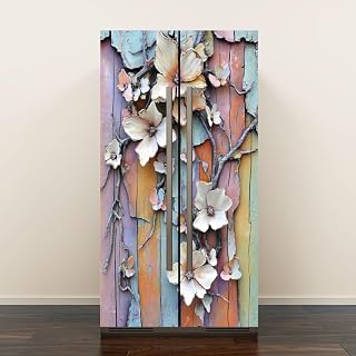 Self Adhesive Vinyl Refrigerator Wrap Set Butterflies Floral Art Distressed Vintage Wood Panel Door Mural Removable Fridge Sticker Peel and Stick Decal Rustic Kitchen Decor