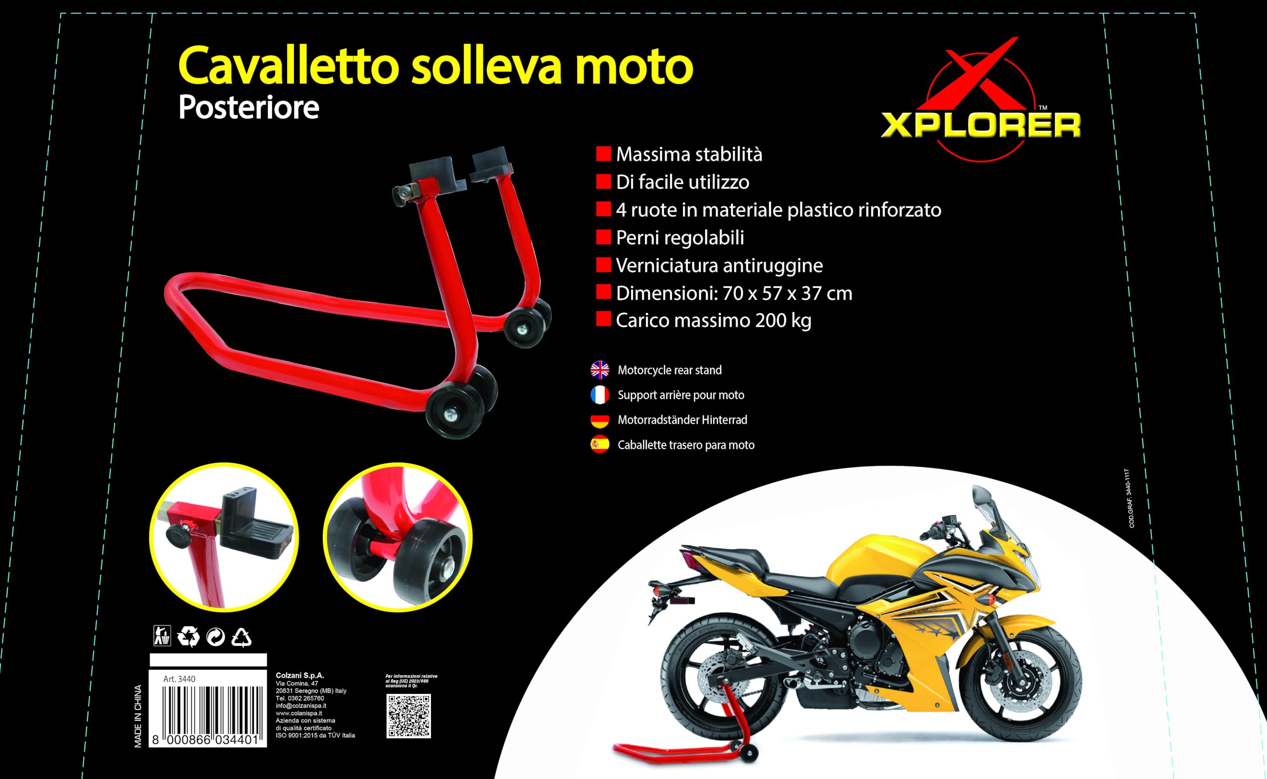 XPLORER Cavalletto Moto Posteriore Con Supporto Universale - Sollevatore Moto Con Ruote In Ferro Verniciato Per Manutenzione Garage
