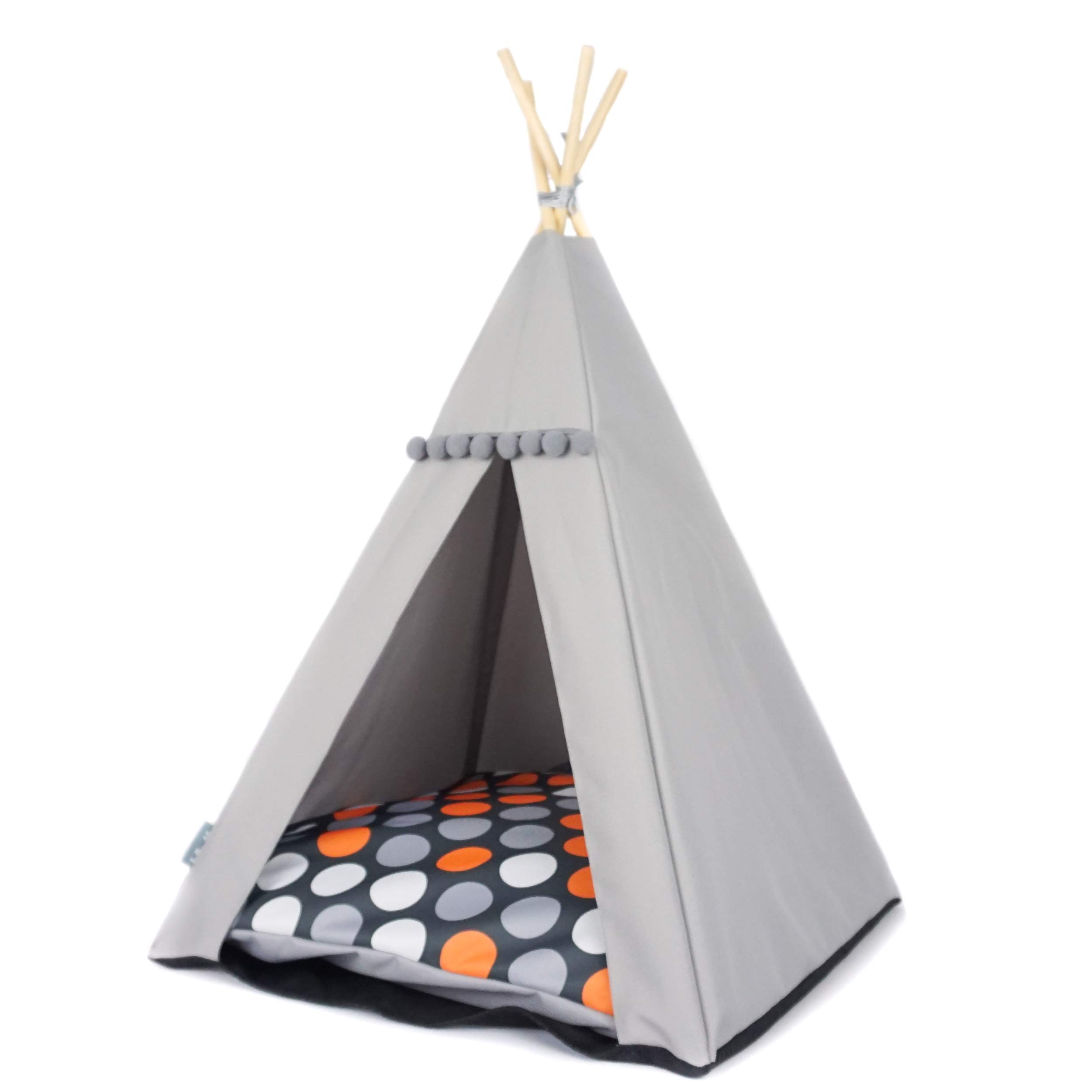 Tipi pour Chat ou Chien avec Pompons, Tente pour Chien et maisonnette pour Chat. (55x55x82cm, Gris, Pois Orange)