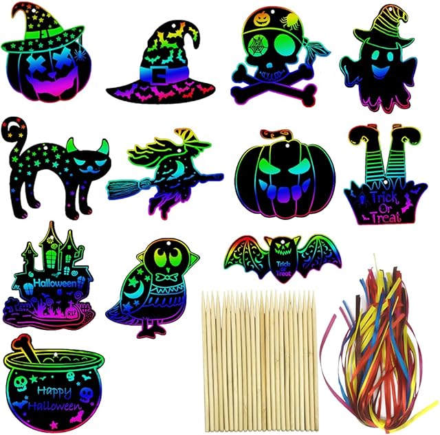 Aviski 48 Pcs Halloween Scratch Paper Rainbow Color Scratch Ornaments Halloween Ornaments Hanging Craft Art Kits with Wooden Stick and Ribbon for Kids Halloween Party Favours Decorations