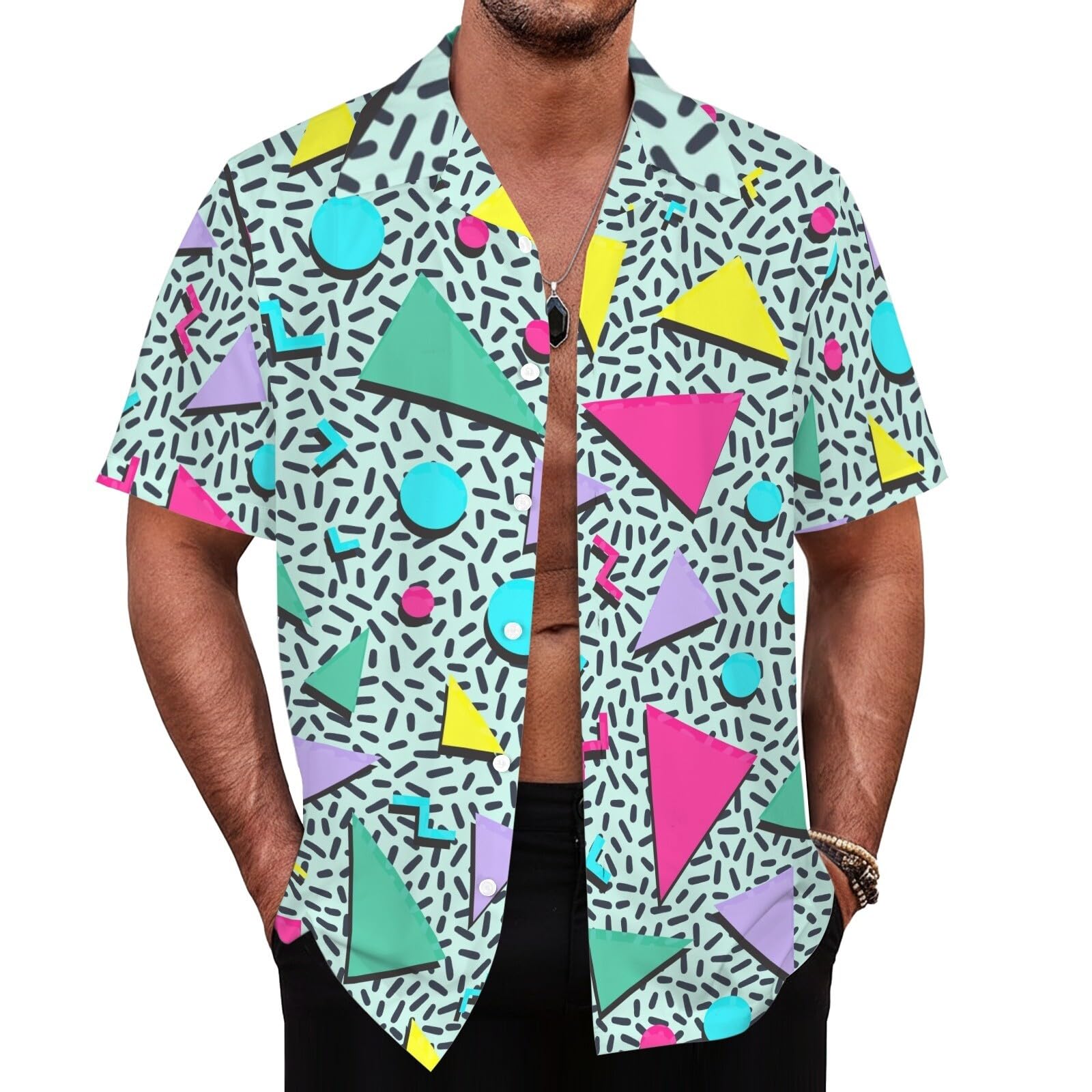 LESOCUSTOM 80s 90s Hawaiian Shirts for Men Vintage Button Down Short Sleeve Shirt, 80s Outfit Party Disco Beach Shirts