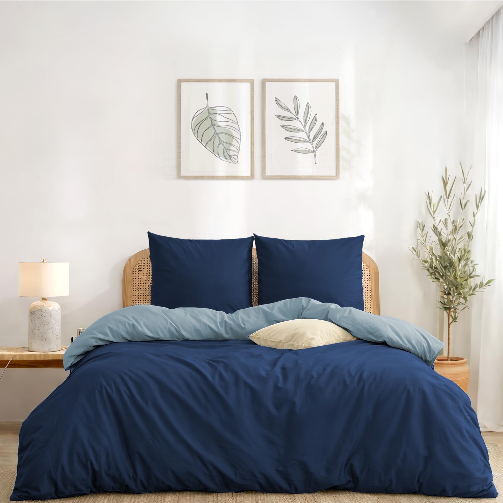 Housse de couette 200x200 cm avec 2 taies d'oreiller réversible bleu