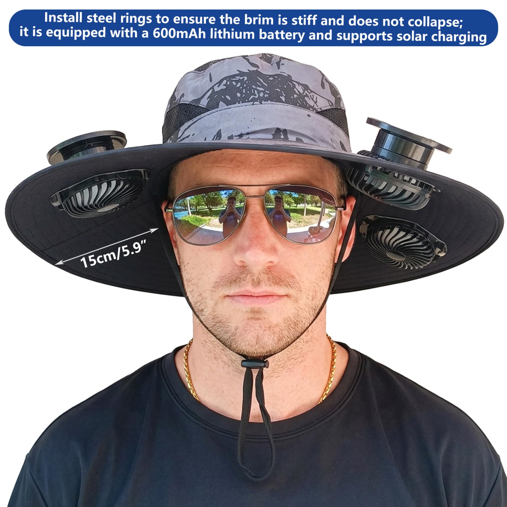 Cappello con Ventola Solare Cappello da Sole UPF 50+ con Doppia Alimentazione (Solare/Batteria) Berretto da Pesca rinfrescante per Esterni con 3 ventole e Tesa Larga per Uomo e Donna