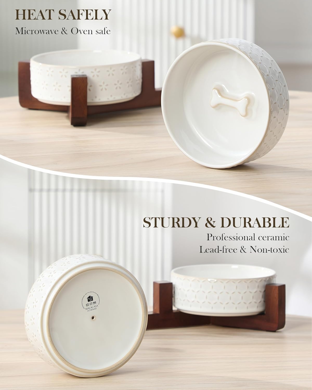 MALACASA Dog Bowl Set with Walnut Wood Stand, 1.5 Cups Ceramic Pet Bowls for Puppy Dogs, Dual Food and Water Bowls with Non-Slip Base, Basic Bowls for Your Dog or Cat, Five-Leaf Grass & Honeycomb - Image 7