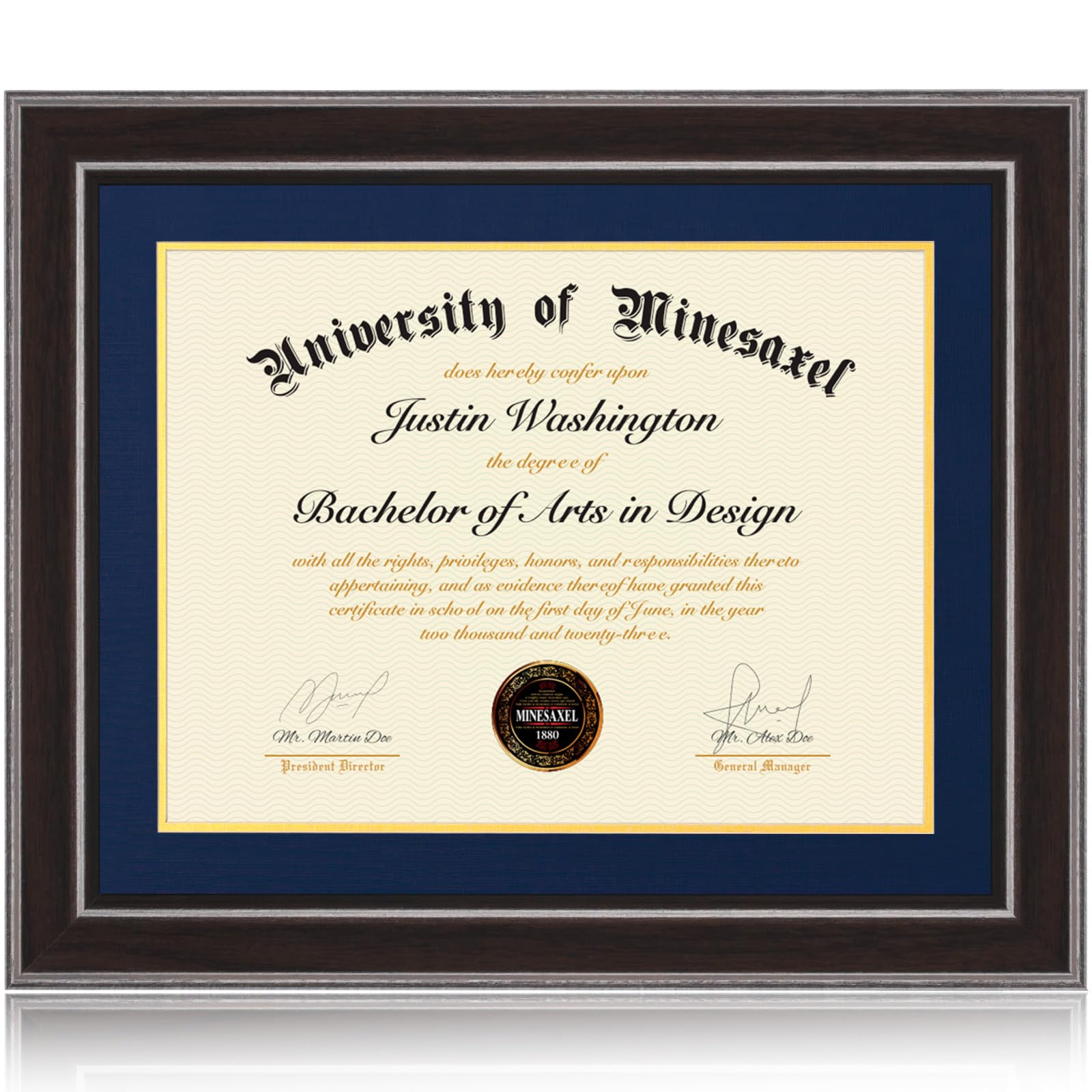 Photo 1 of ***FACTORY SEALED - OPENED FOR INSPECTION***Minesaxel 16x20 Diploma Frames 12x16 with Blue Mat - Walnut Wood Finish | Shatter-Resistant Glass | for Wall Mounting | Gift for Graduations & Professional Certificate (1 Pack)