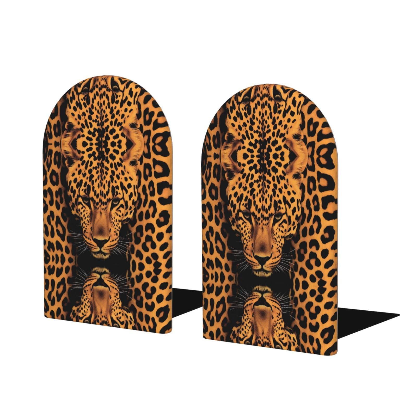 Leopard Print Stylish Bookends with Full-Print Design Durable Wooden and Metal Bookend Set for Home, Office