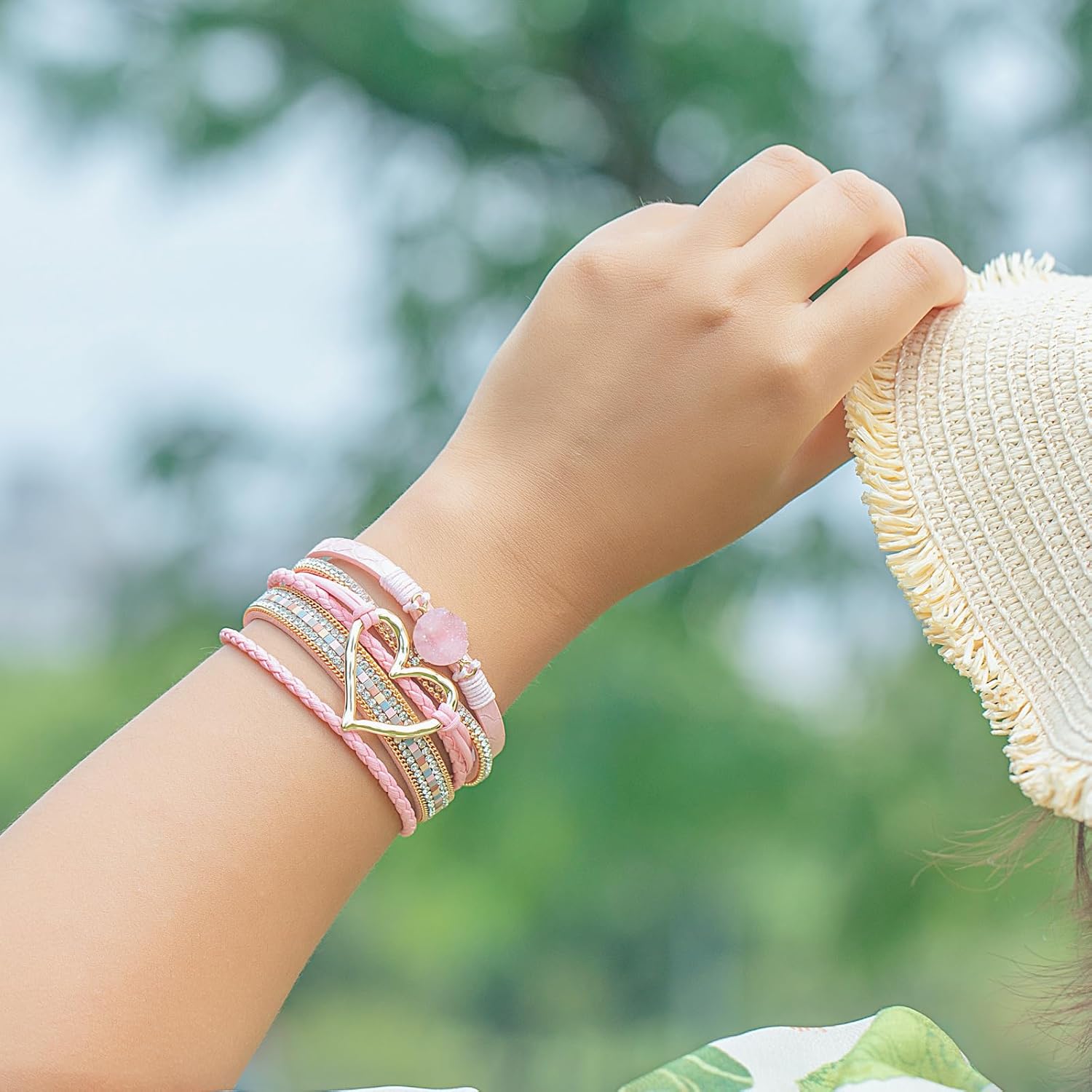 FANCY SHINY Heart Leather Wrap Bracelets Stackable Boho Cuff Bangles Trendy Resin Stone Rhinestone Bracelets with Magnetic Clasp for Women Valentine Gifts - Image 7