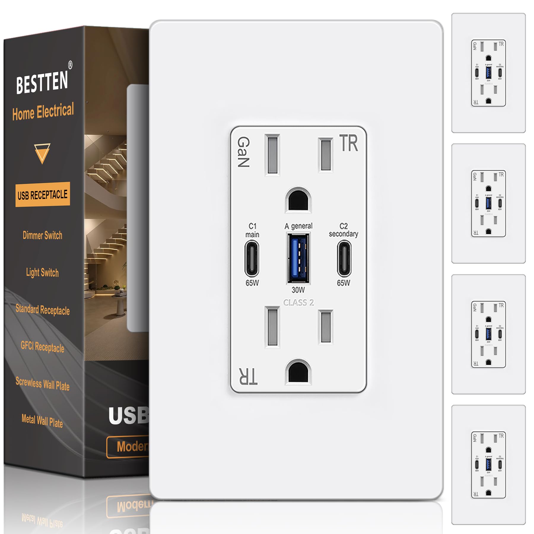 Photo 1 of BESTTEN 5 Pack USB C Wall Outlet - 65W GaN Fast Charging