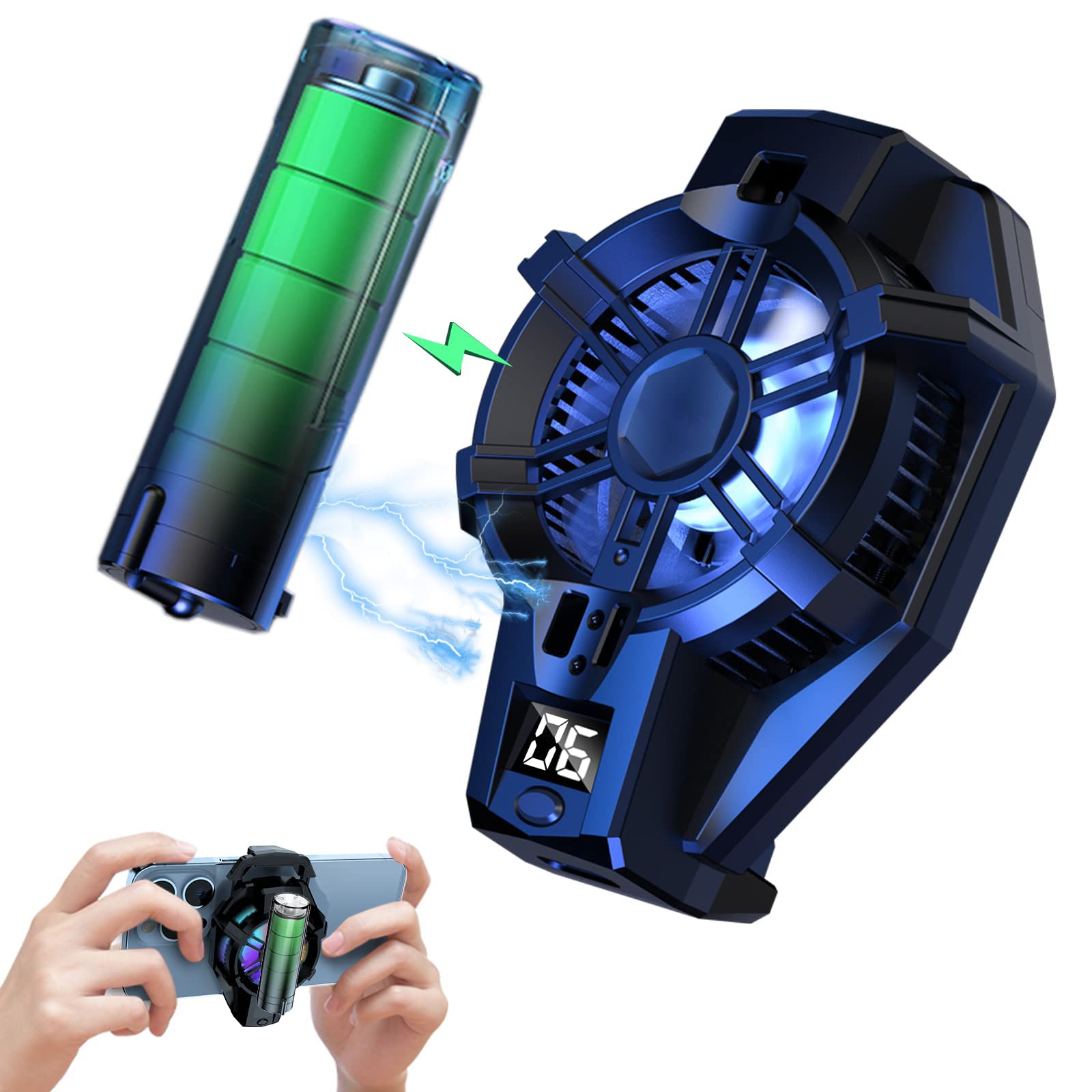 Phone Cooler with Rechargeable Battery, Phone Cooling Fan for Gaming Fit All Types of iPhone Android Smartphones, Mobile Phone Radiator with LED Temperature Display/Universal Clamp/RGB LEDS