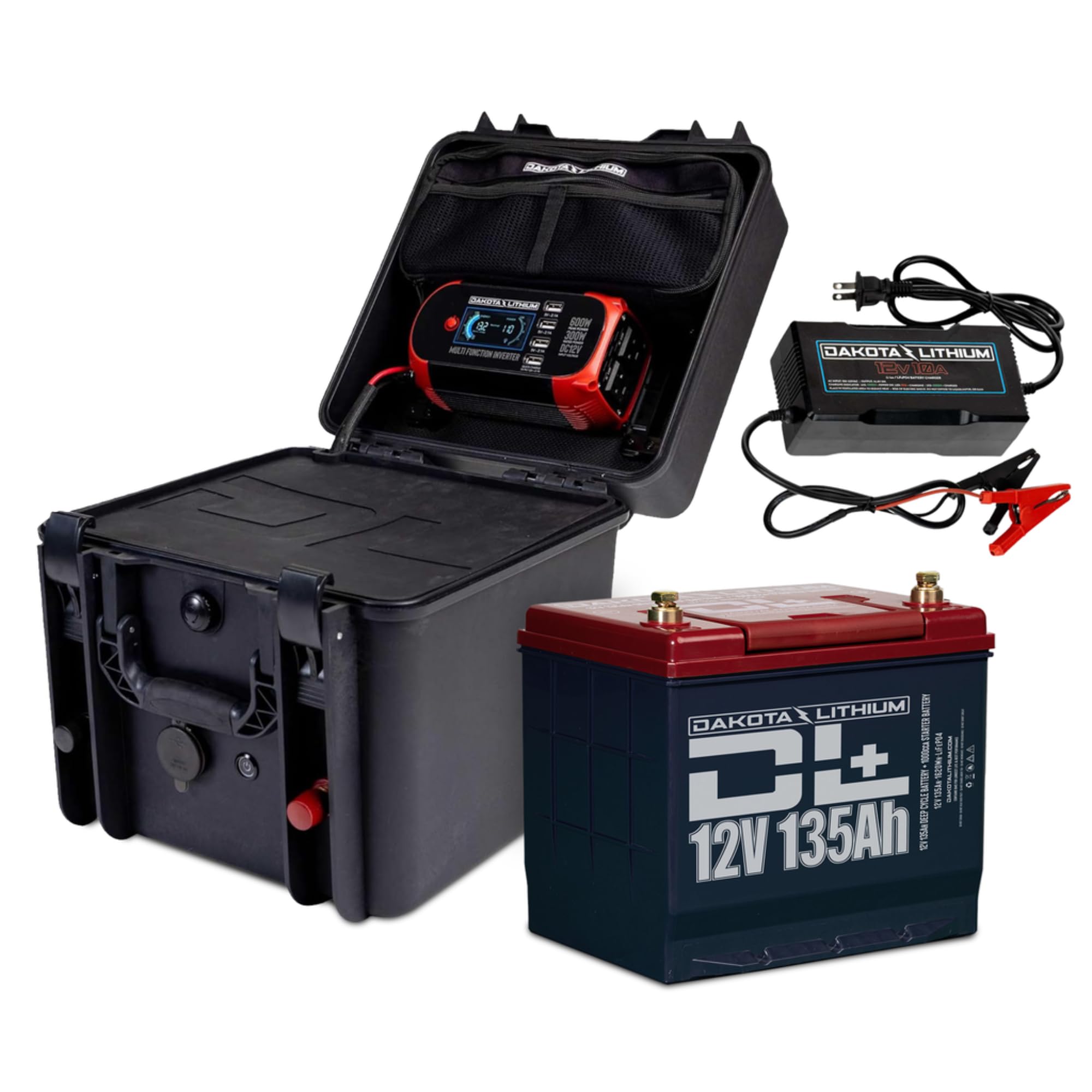 Dakota Lithium - Power Box with 12V 135Ah LiFePO4 Battery Included - 11 Year USA Warranty 2000+ Deep Cycle Box with DC Inverter and USB Ports, Fishing, Marine - 1 Battery, Case, and Charger