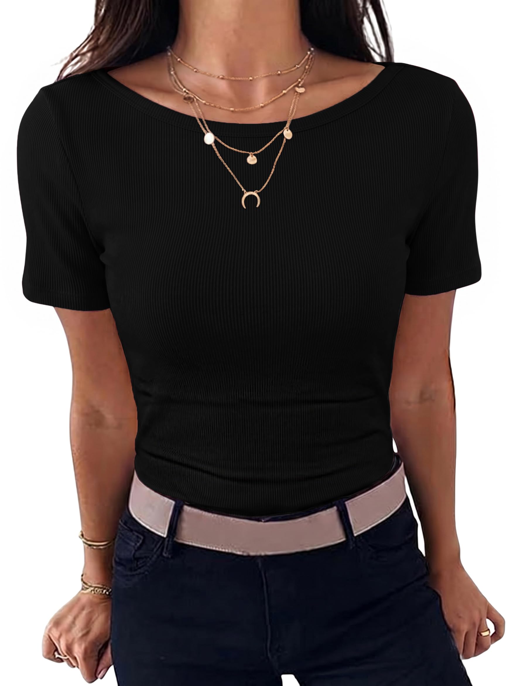 Leversic Tshirt Damen Sommer U-Boot-Ausschnitt Gerippt Elegant Oberteile | Basic Bequem Hautfreundlich Weich Einfarbig Kurzarm T Shirts Slim Fit Stretch Casual Tops