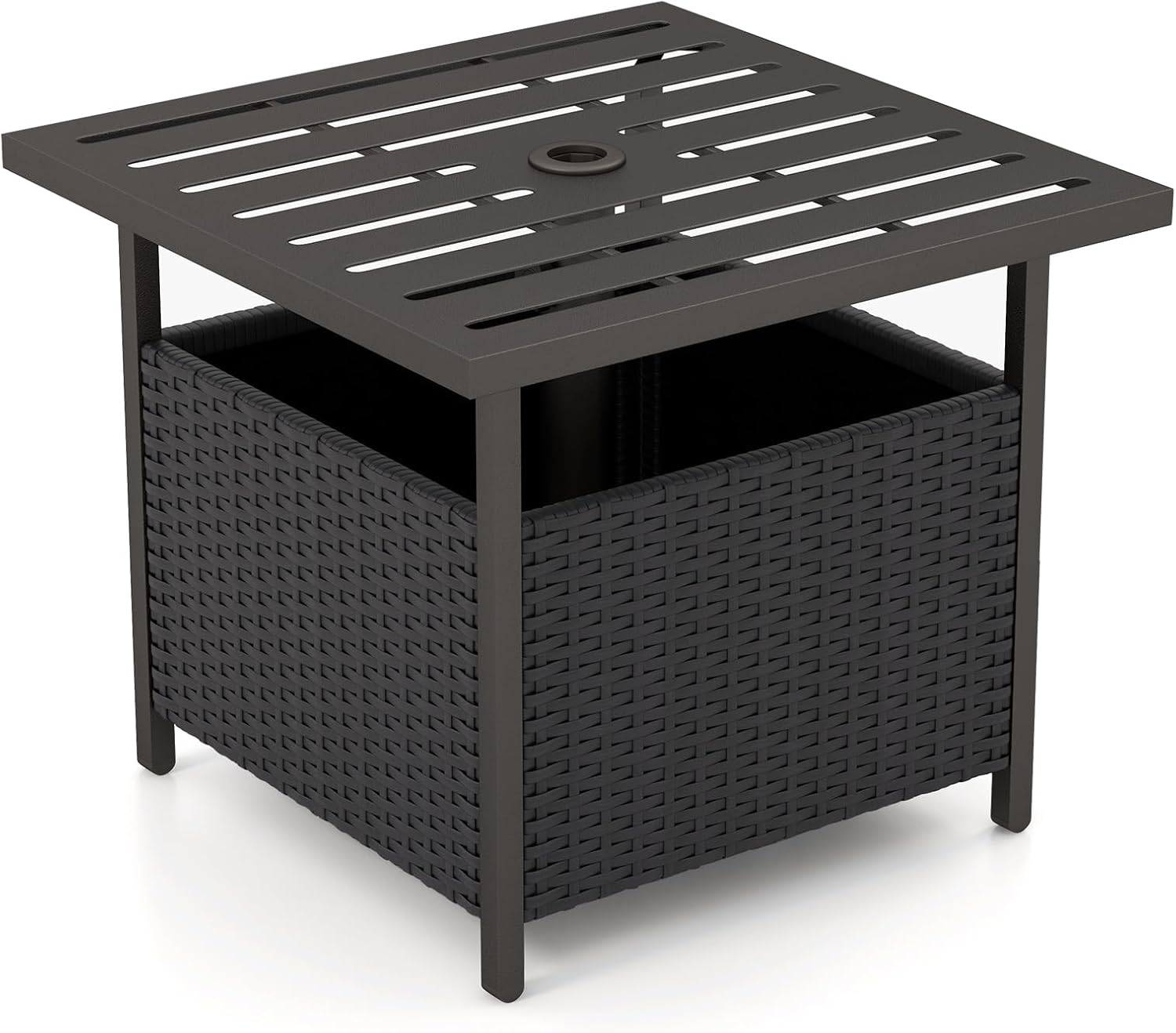 Tangkula Outdoor Table with Umbrella Hole, Rattan Umbrella Stand Table, Wicker Outside Side Table with Steel Metal Frame, Patio Bistro Table for Deck Garden Pool Yard, 22 x 22 x 18.5 Inch (Black)