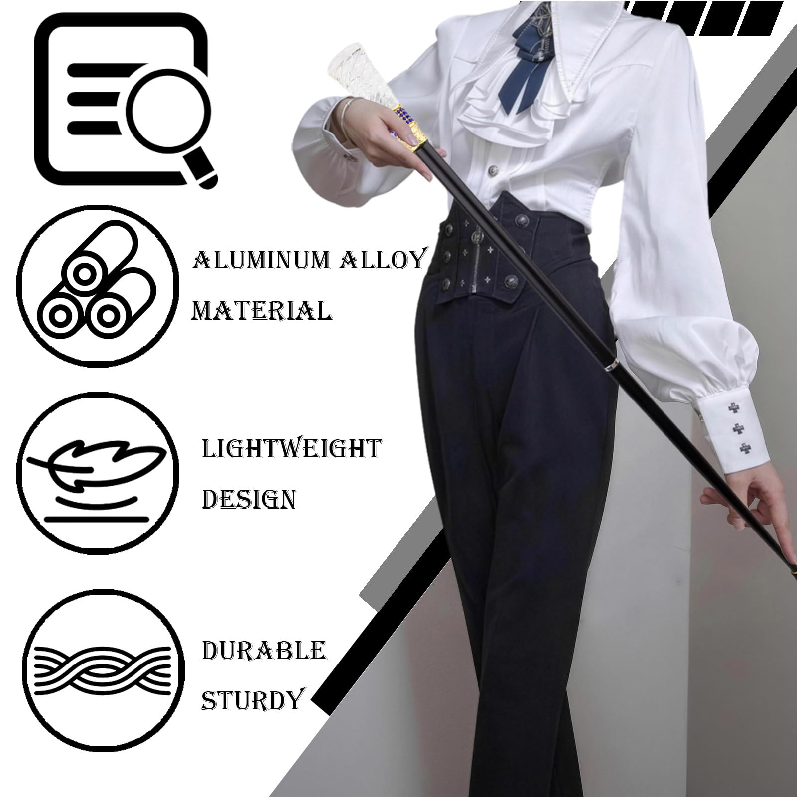 Bastón de Paseo de Lujo de Estilo Británico para Hombre, con Mango Vintage de Cristal Transparente y Varilla Metálica, Elegante Bastón de Senderismo para Caballeros