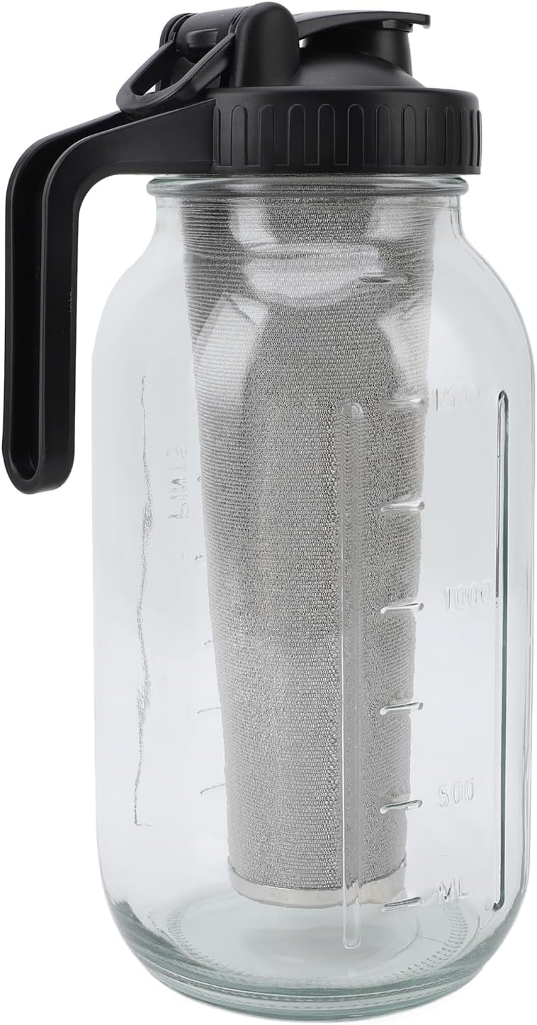GLOGLOW Coffee Maker Cold Brew Coffee Maker with Stainless Steel Filter, Thick Glass Pitcher, Black, Soda Lime Glass, Includes Brush and Lid Accessories Nan and Tea Supplies (2000ml)