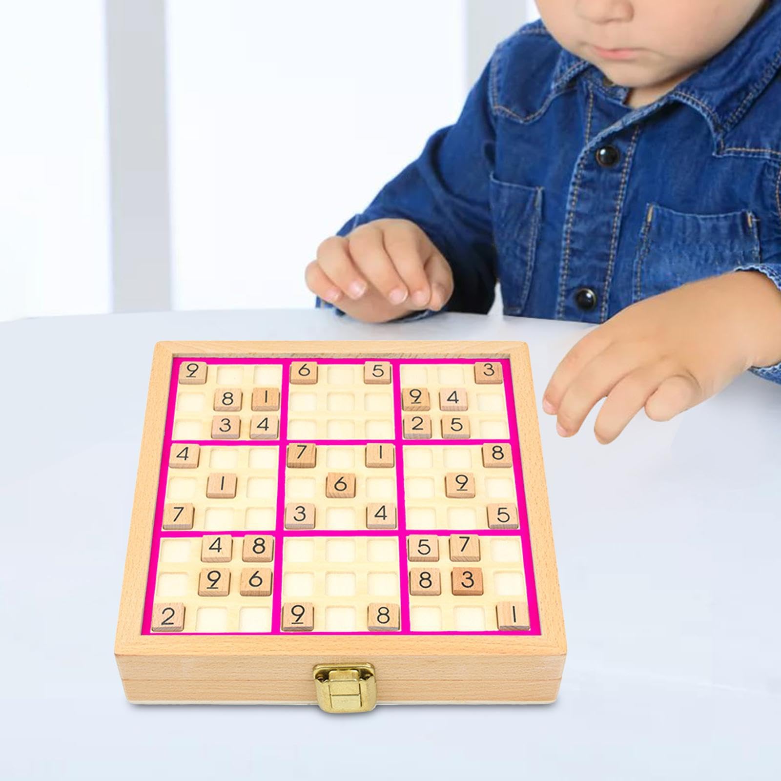 Almencla Sudoku Brettspiel, Holz Sudoku Spielbrett mit Zahlenplättchen, Lernspielzeug, Denksportaufgabe, Spielzeug für Erwachsene Im Alter von 7–14 Jahren, Rosa