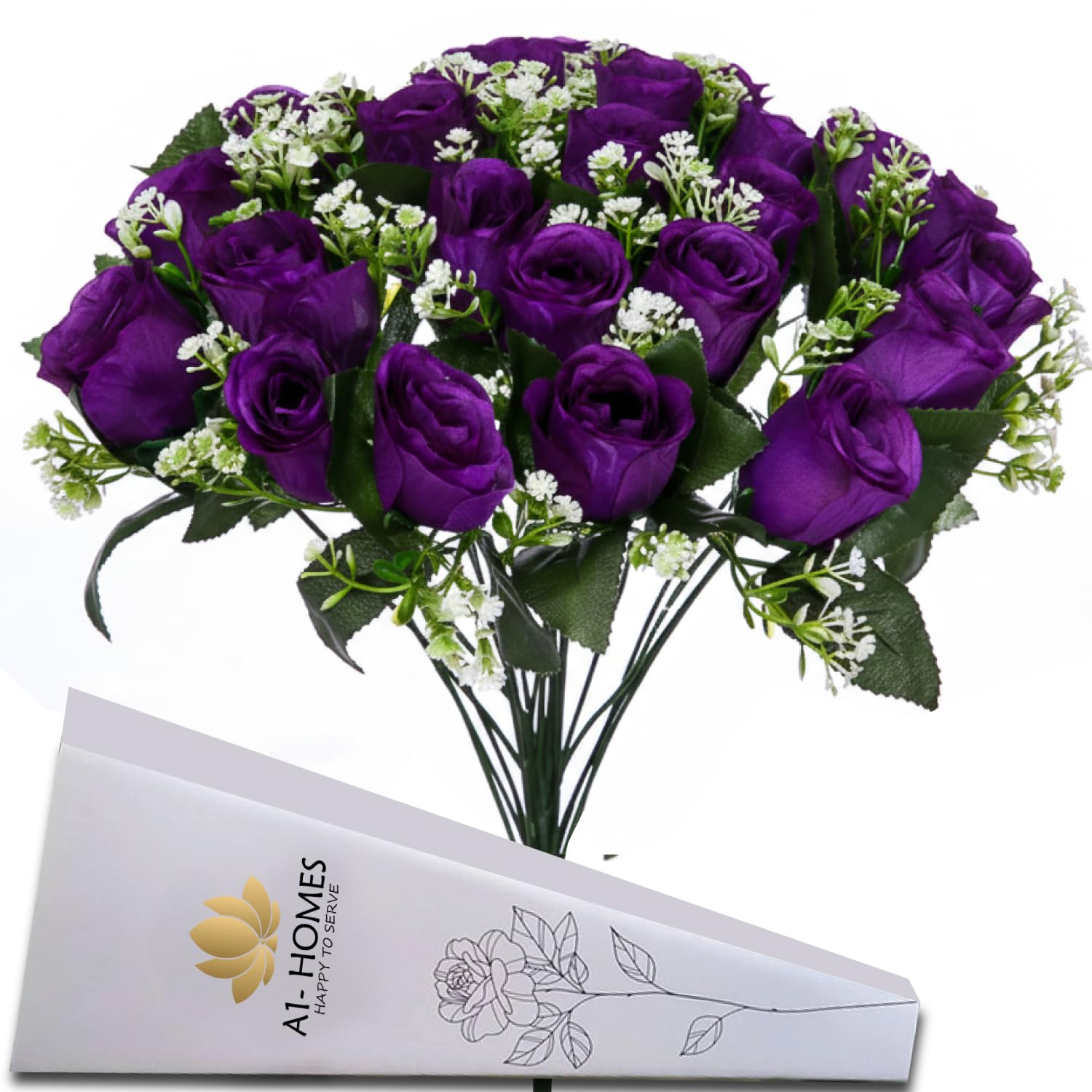 A1-Homes Purple 41Cm Artificial Silk Rose Bush With Gyp & Foliage 24 Flower Heads- Wedding Grave Home Decoration