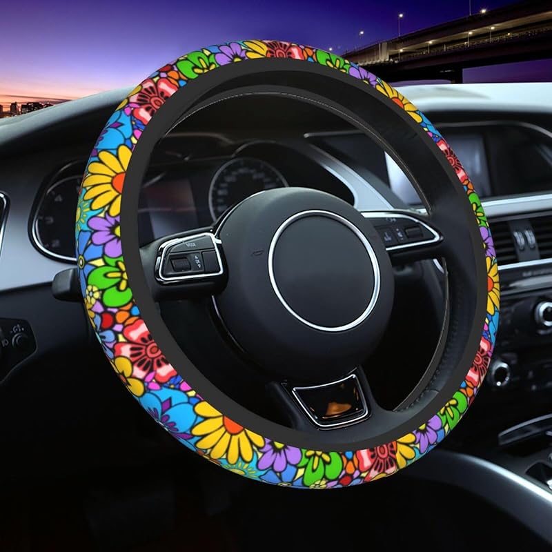 Capa para volante TSIQRT Hippie Flower em neoprene para carros e caminhões de 36,8 a 39,4 cm, 1 unidade