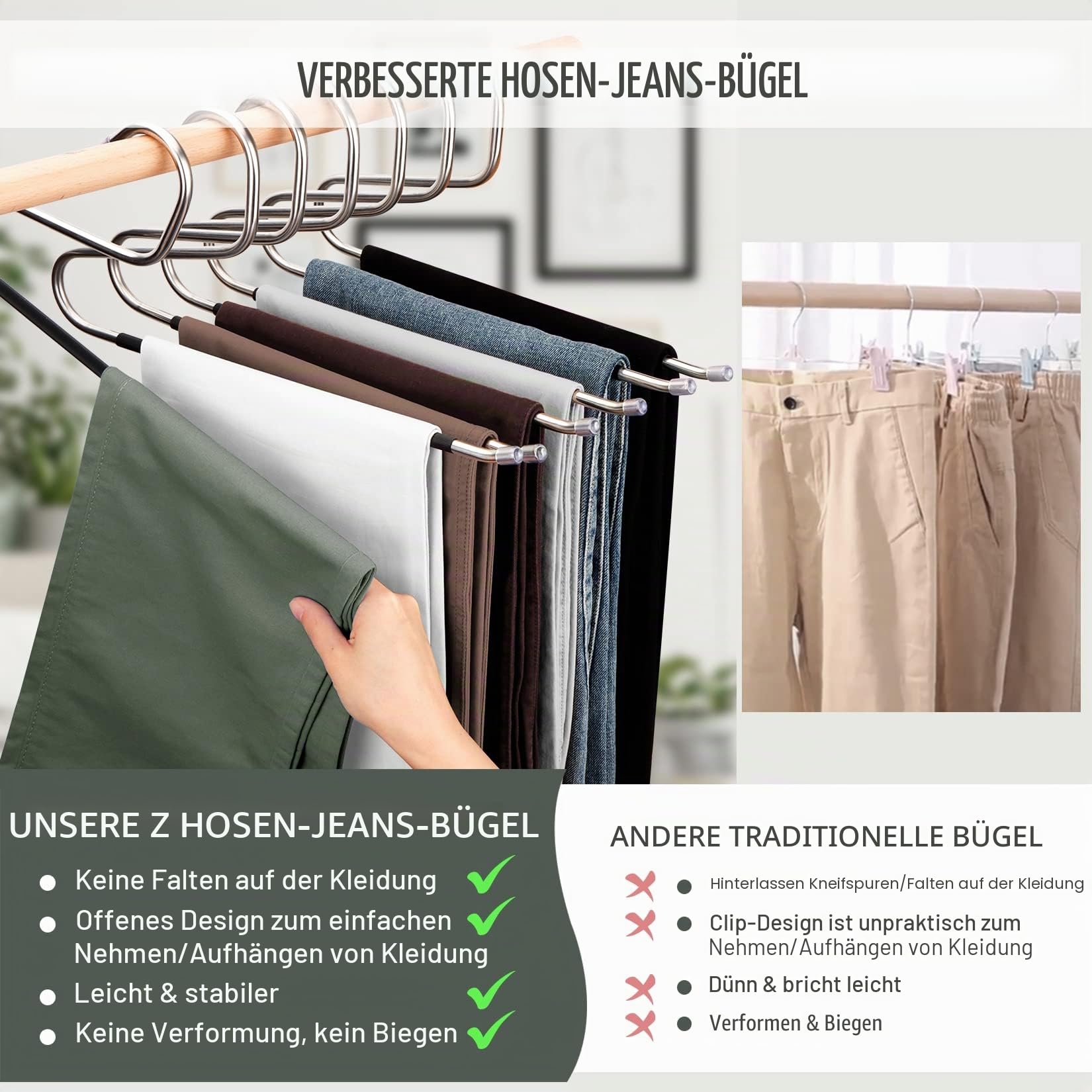 DOIOWN Hosen, Jeans-Kleiderbügel – 30 Stück offene Enden, Jeans-Kleiderbügel platzsparende Kleiderbügel für Männer und Frauen, Dicker Edelstahl, rutschfeste Kleiderbügel für Hosen, Handtücher, Schal
