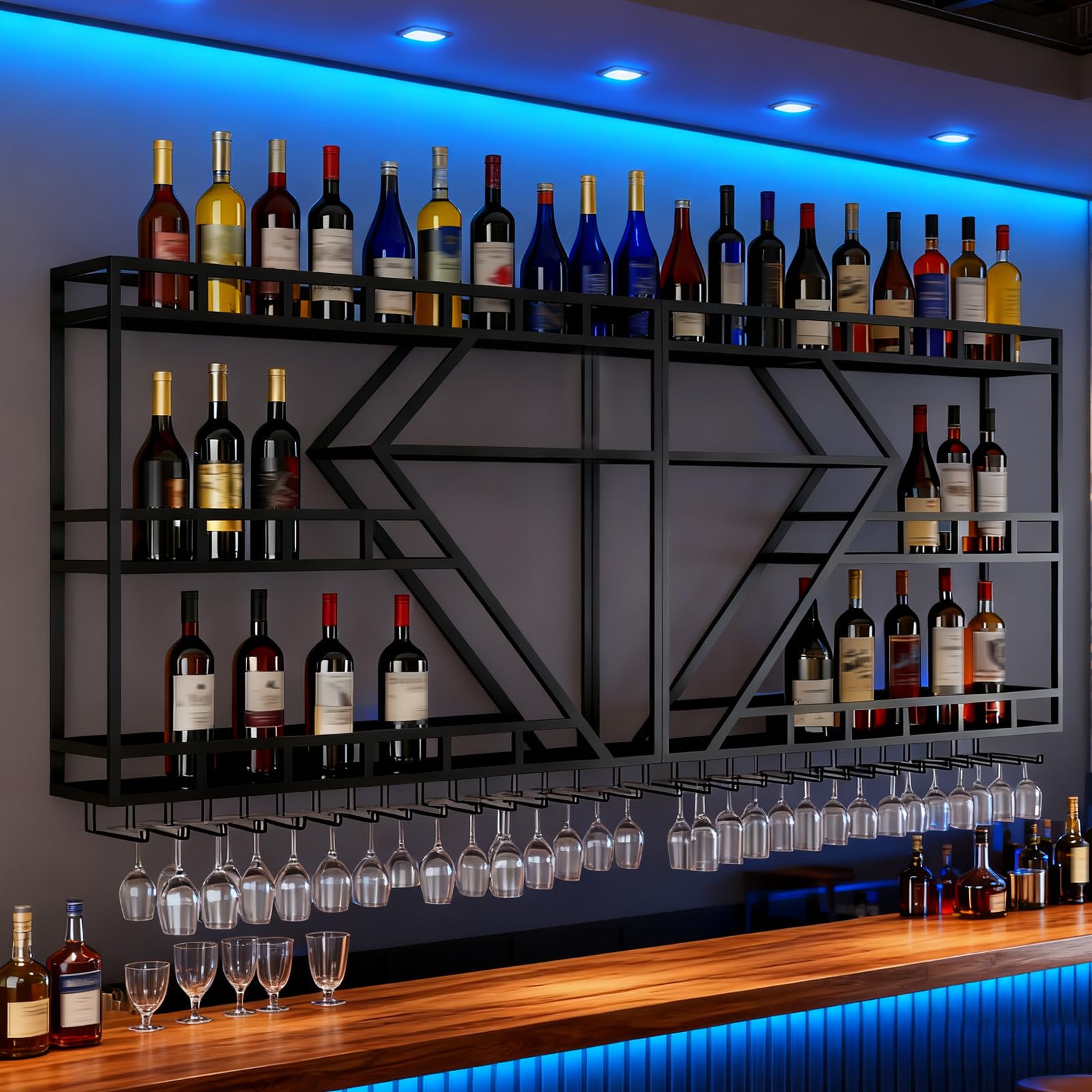 Portabottiglie da Parete, 3 livelli multifunzione Espositore Portabottiglie per Vino con Guardrail, Porta bottiglie di vino da parete con supporto in vetro (nero, 3 Tier,200cm)