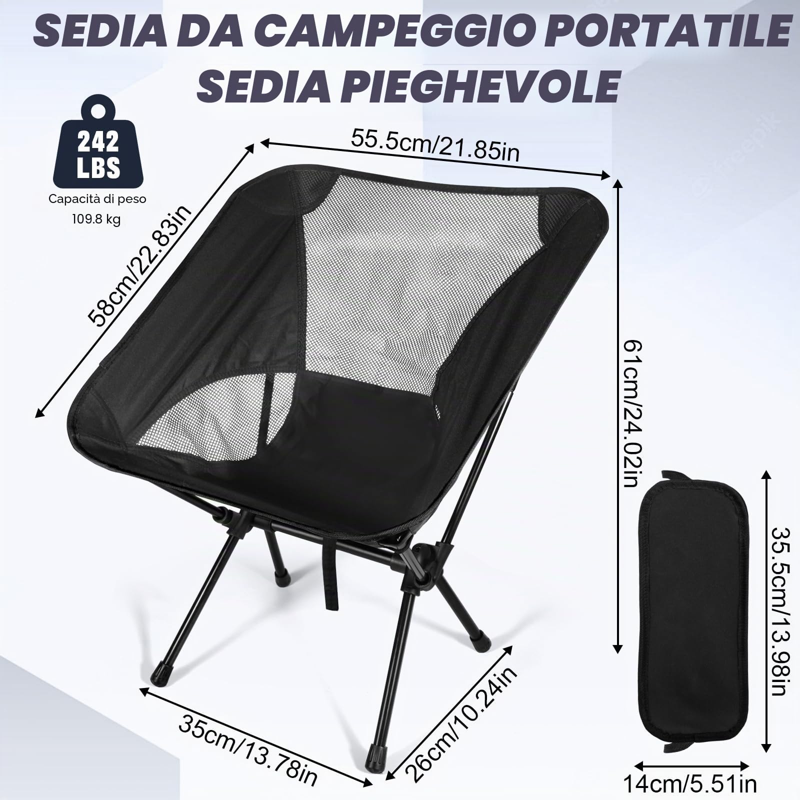 Sedia da Campeggio Pieghevole Leggera, Capacità di Carico 110kg, Sedia da Campeggio Portatile con Borsa Portaoggetti, Sedia da Spiaggia Compatta per Picnic, Campeggio, Viaggi, Pesca, Spiaggia