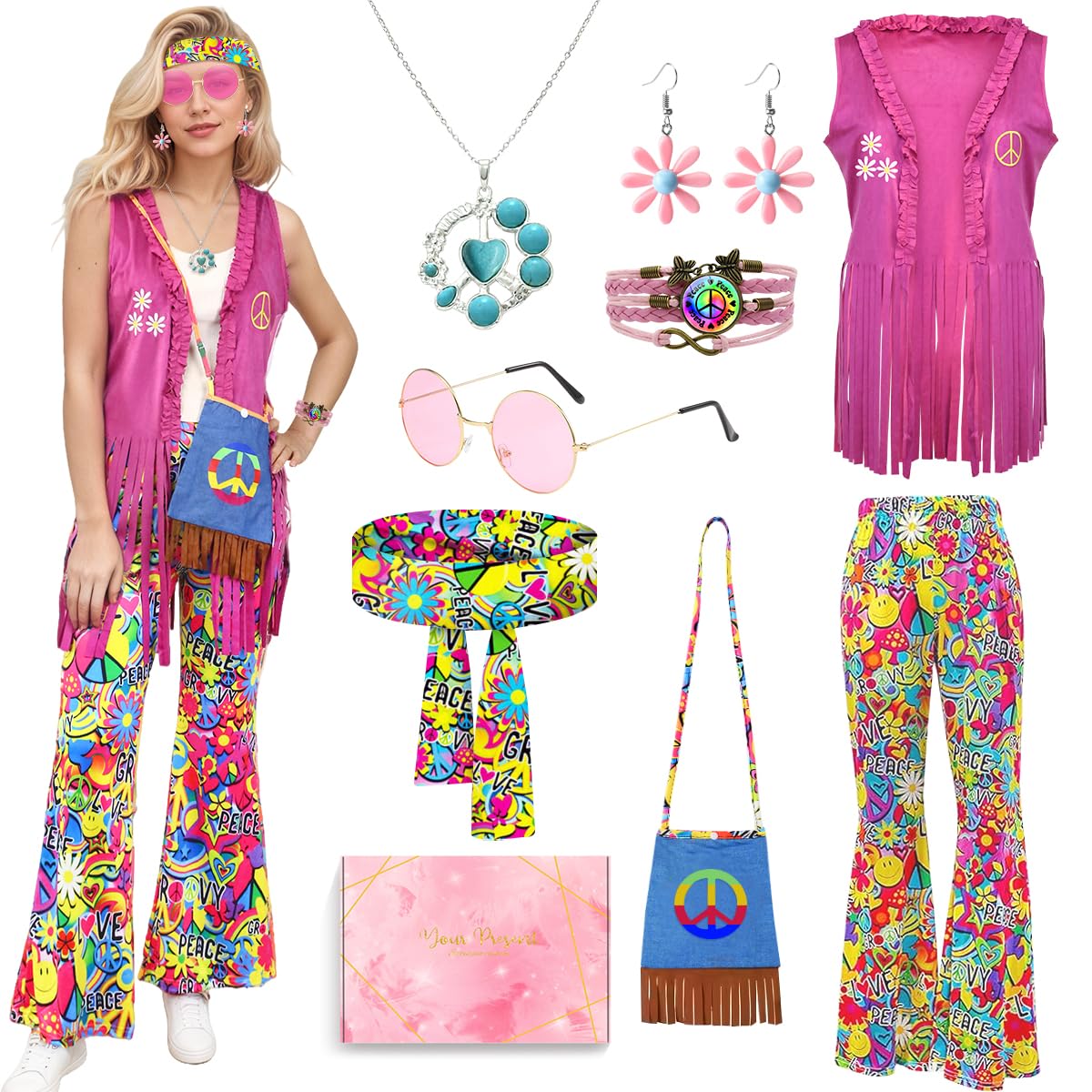 Hippie Kostüm Damen, 70er Jahre Outfit mit Hose, Weste, und Accessoires, Kostüms Damen Fasching, 60er 70er Jahre Kostüm Hippie Kleidung für Karneval, Cosplay und Partys