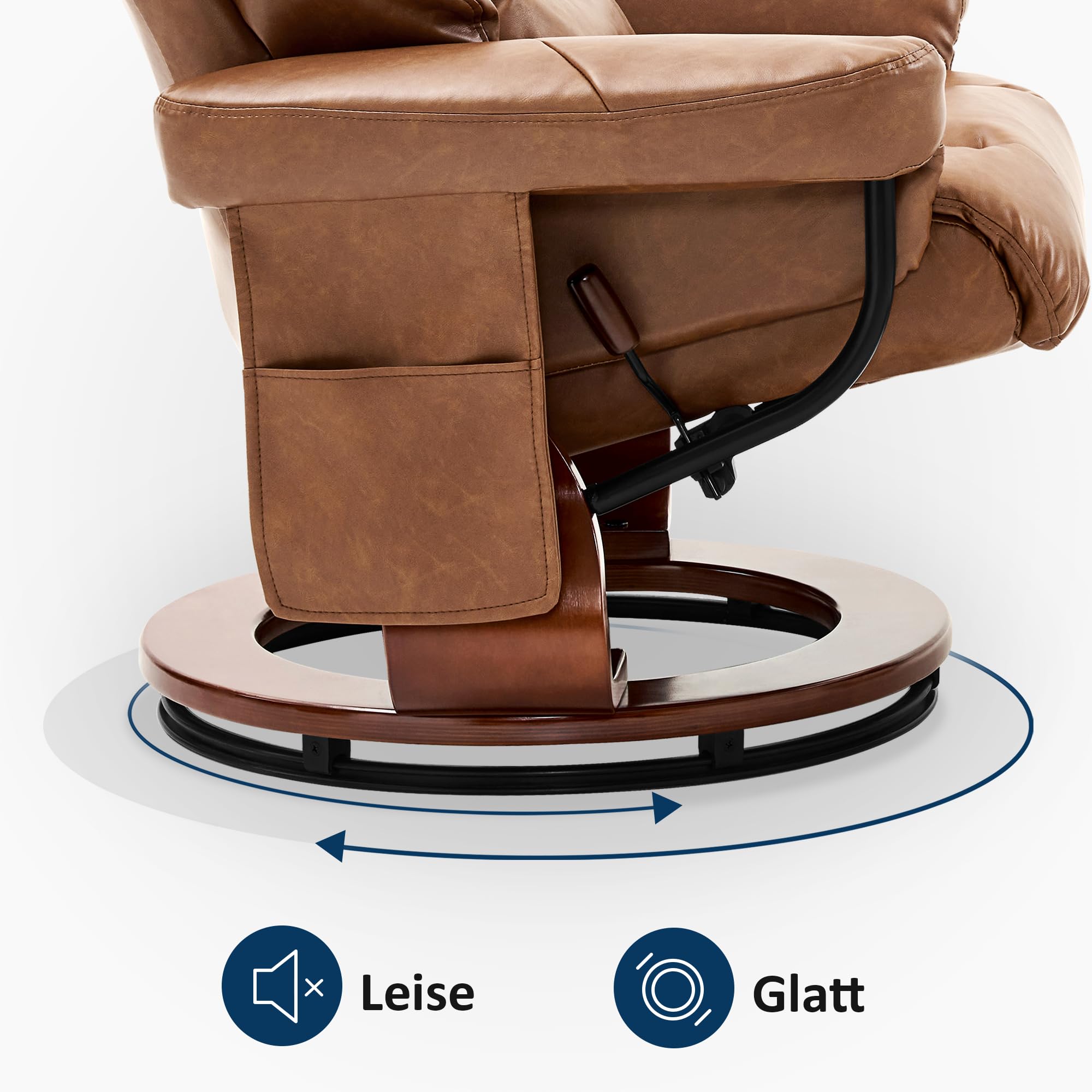 M MCombo Sillón de Relax con Taburete, Giratorio 360°, con función reclinable, soporta hasta 120 kg, sillón Moderno para el salón, 9066 (Piel sintética, marrón)