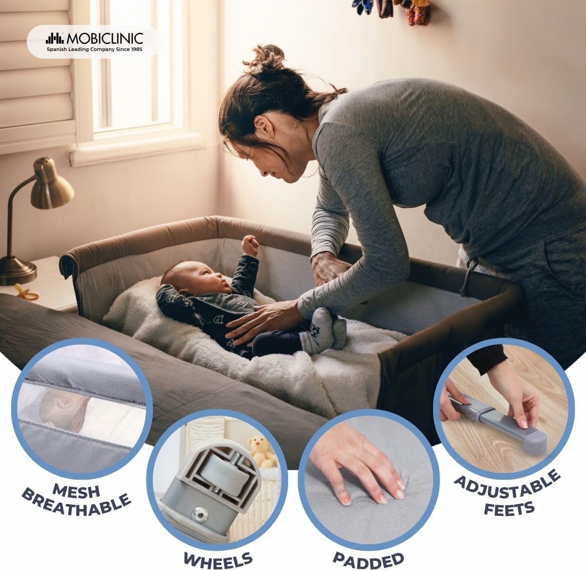 Features of Mobiclinic Moon Bedside Sleeper including mesh, wheels, padded interior, and adjustable feet