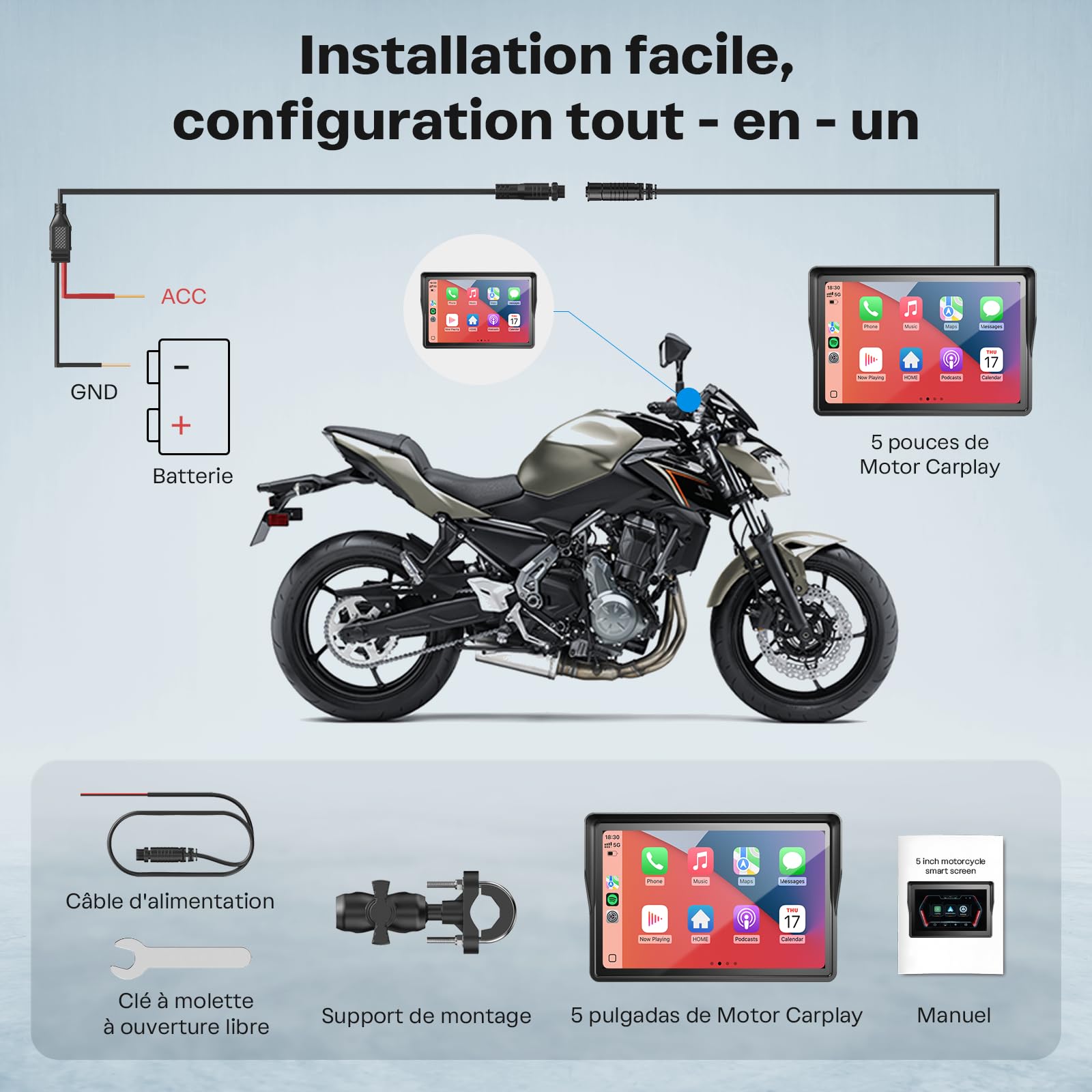 WonVon Sistema di navigazione GPS Carplay per moto da 5 pollici con Apple Carplay e schermo portatile automatico Android con Dual Bluetooth, navigazione, Siri, Google Assistant