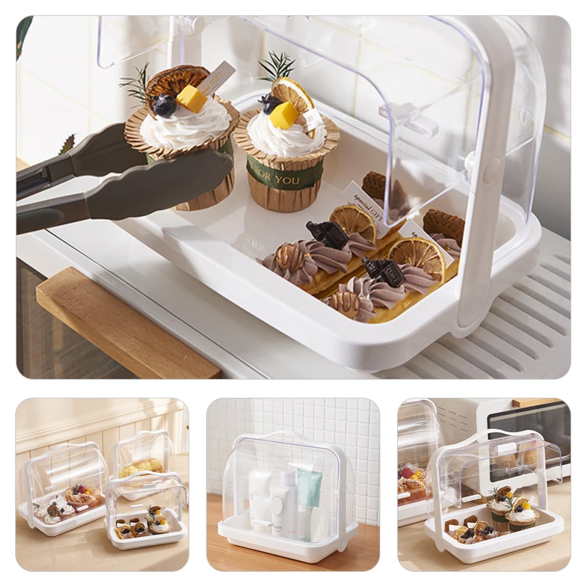 Portable Cake Display Box with Handle, Dustproof Food Storage Container for Bread, Desserts, Snacks – Small Size for Kitchen Countertop and Bakery Use