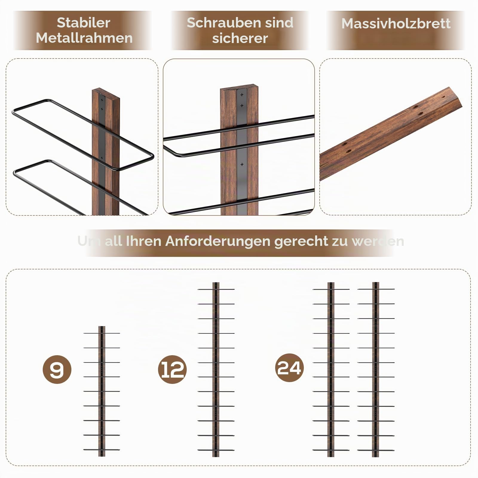 B4Life Weinregal Wand für 12 Flaschen, aus Metall in Schwarz & Holz - Hängend zur Wandmontage für Küche, Esszimmer, Bar
