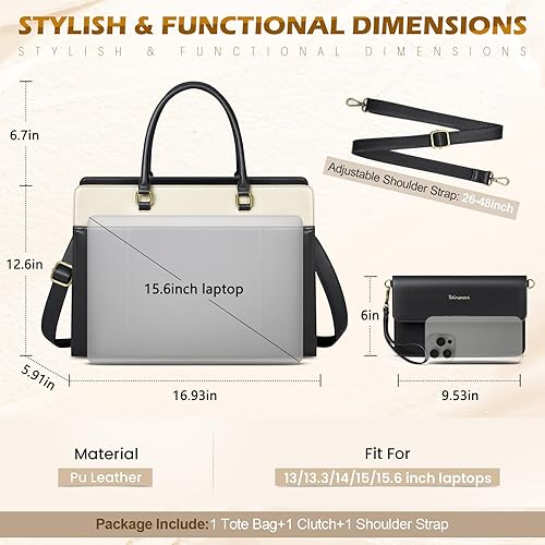 Miniatura 5 de RAINSMORE Bolsa de cuero para laptop de 15.6 pulgadas para mujer, bolsa de mano grande para computadora, impermeable, para negocios, oficina,