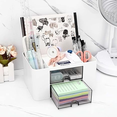Shuttle Art Desk Organizer with 2 Drawers | Multi-Functional Stationery Holder for Office, Study Table, Home | 5 Compartment Pen, Pencil, Marker Storage Box for School & Art Supplies (White) - Image 4