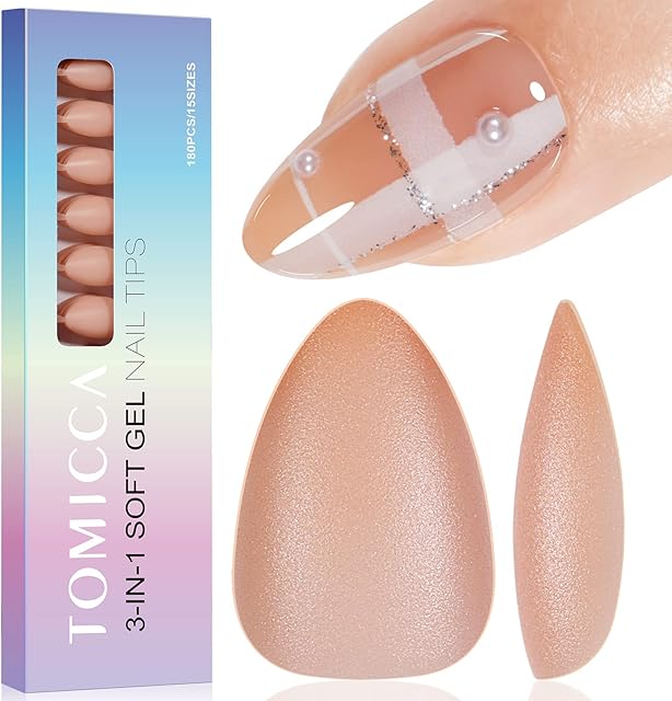 TOMICCA Short Almond Nail Tips 180PCS Soft Gel Nails Tips,3 in 1 Base Coat Coverage,No Filed pre-colored Press on nail tips,Matte Full Coverage Nail Tips for Nail Art Extensions15 sizes-Nude