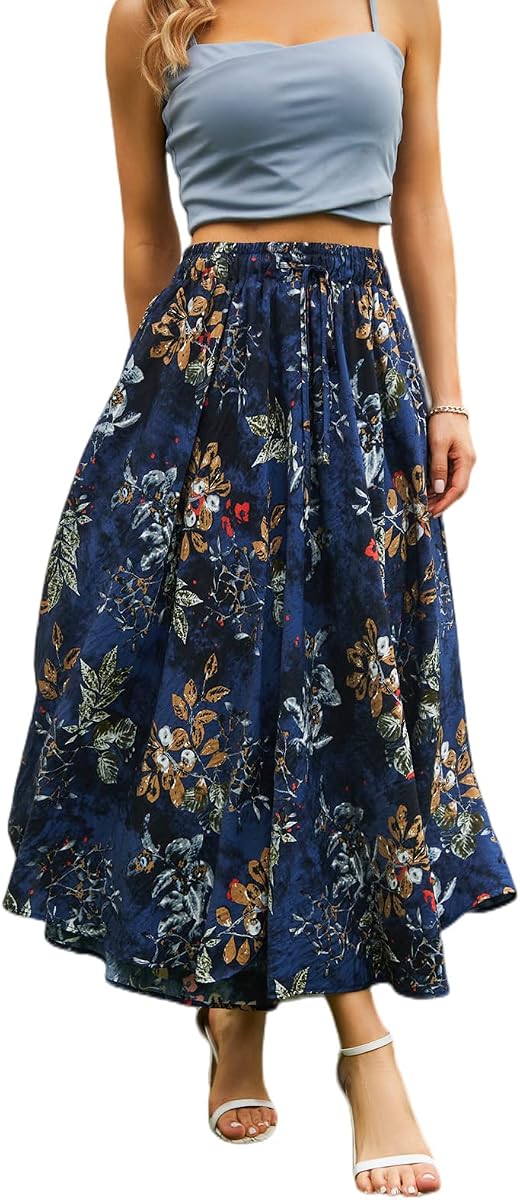 Abaadlw Maxi Skirts for Women with Pockets Long Midi Length | Flowy,Comfortable,Breathable, Elastic Waistband, Ladies Casual skirt with Lining for Work Travel Holiday