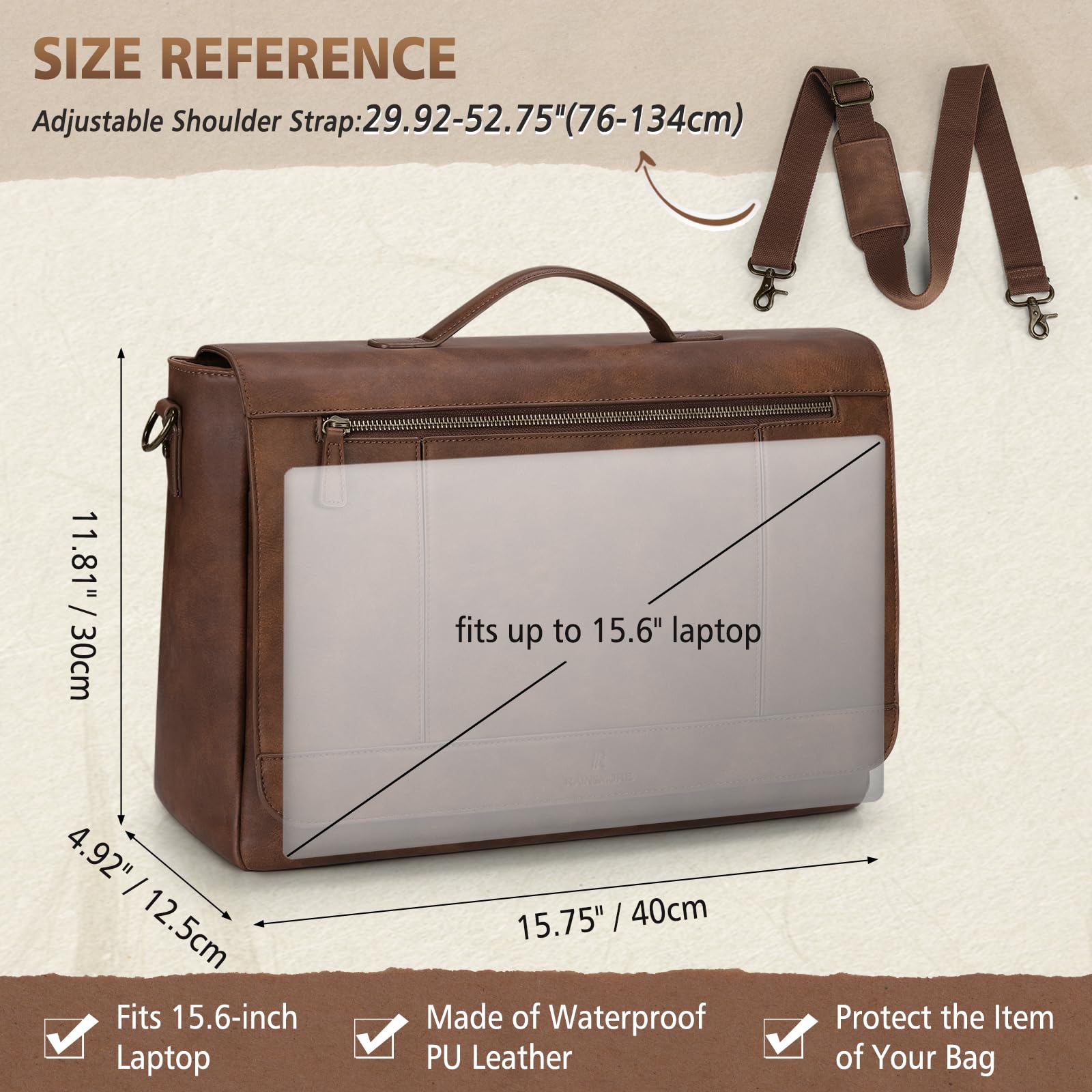 RAINSMORE Aktentasche Herren PU Leder Wasserdichte Umhängetasche Laptoptasche 15,6 Zoll Vintage Groß Arbeitstasche Messenger Bag Schultertasche für Arbeit Büro Uni Schule