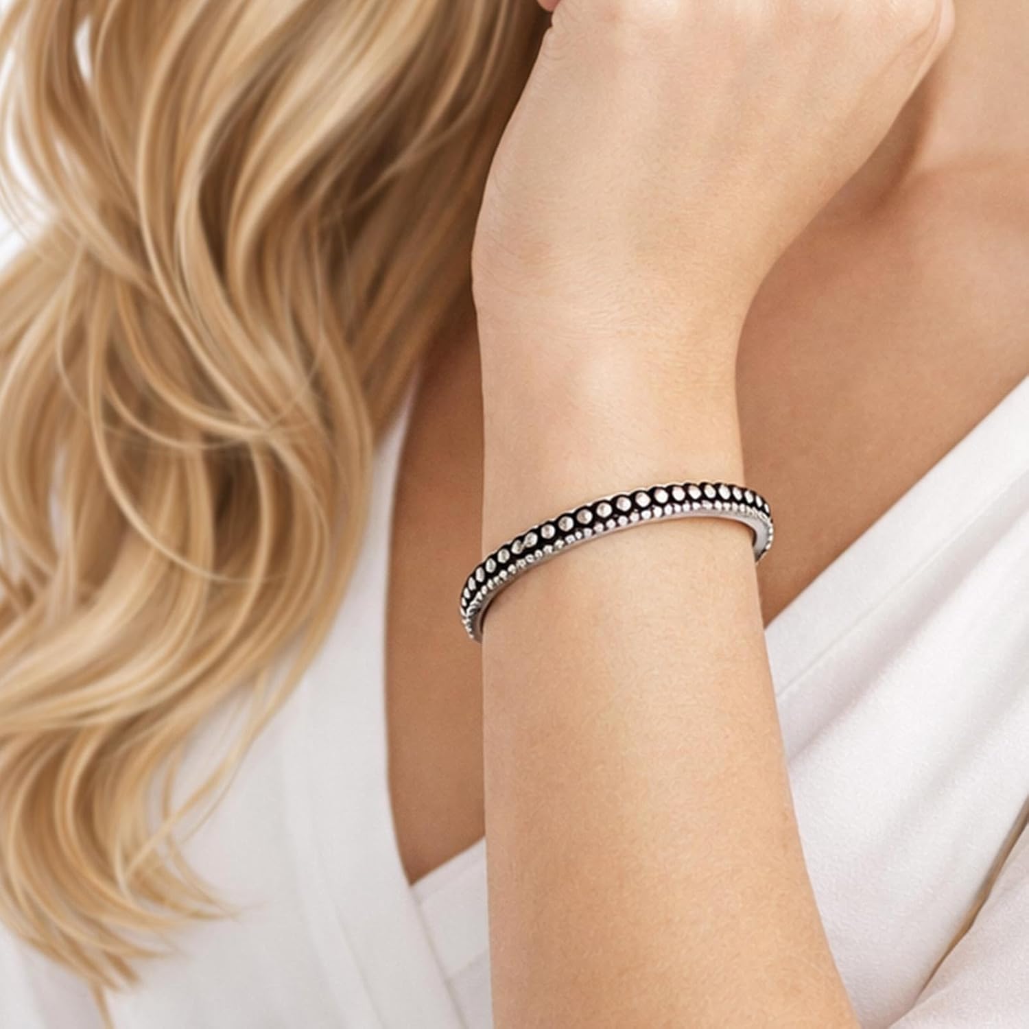 Vintage Cuff Bracelet Bangle, White Copper Plated with Silver Adjustable Open Bangle with Carved Dot Design Handcrafted Jewelry Gift Accessory for Woman - Image 3