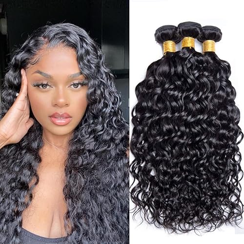 Water Wave Bundles Human Hair 20 22 24 Inch Deep Wave Bundles 10A Brazilian 100% Unprocessed Virgin Human Hair Wet and Wavy Bundles Double Weft Water Curly Weave 3 Bundles Natural Black