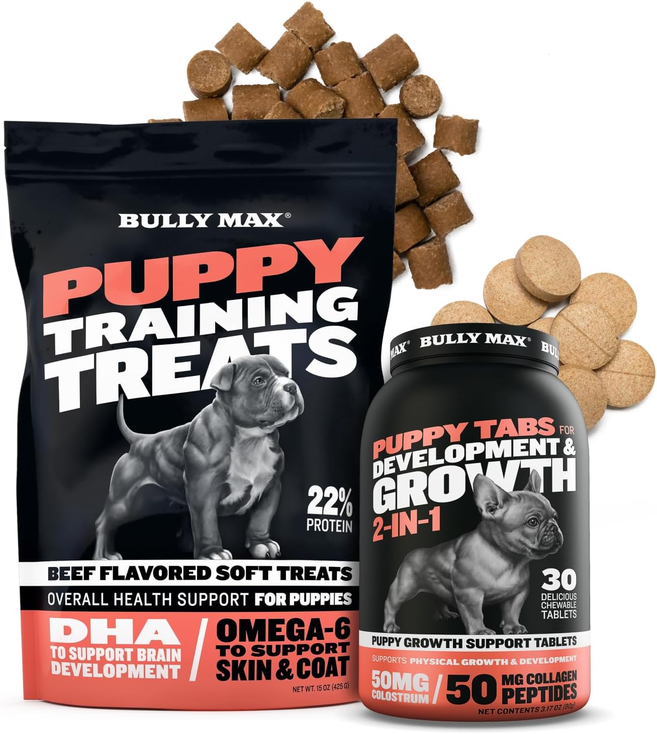 Bully Max Puppy Training & Daily Support Duo – 2-in-1 Puppy Tabs (30 ct) + Beef-Flavored Soft Treats (1 bag) – Gentle Digestion, Skin & Coat, Joints & Overall Vitality – For Small, Large Breed Puppies