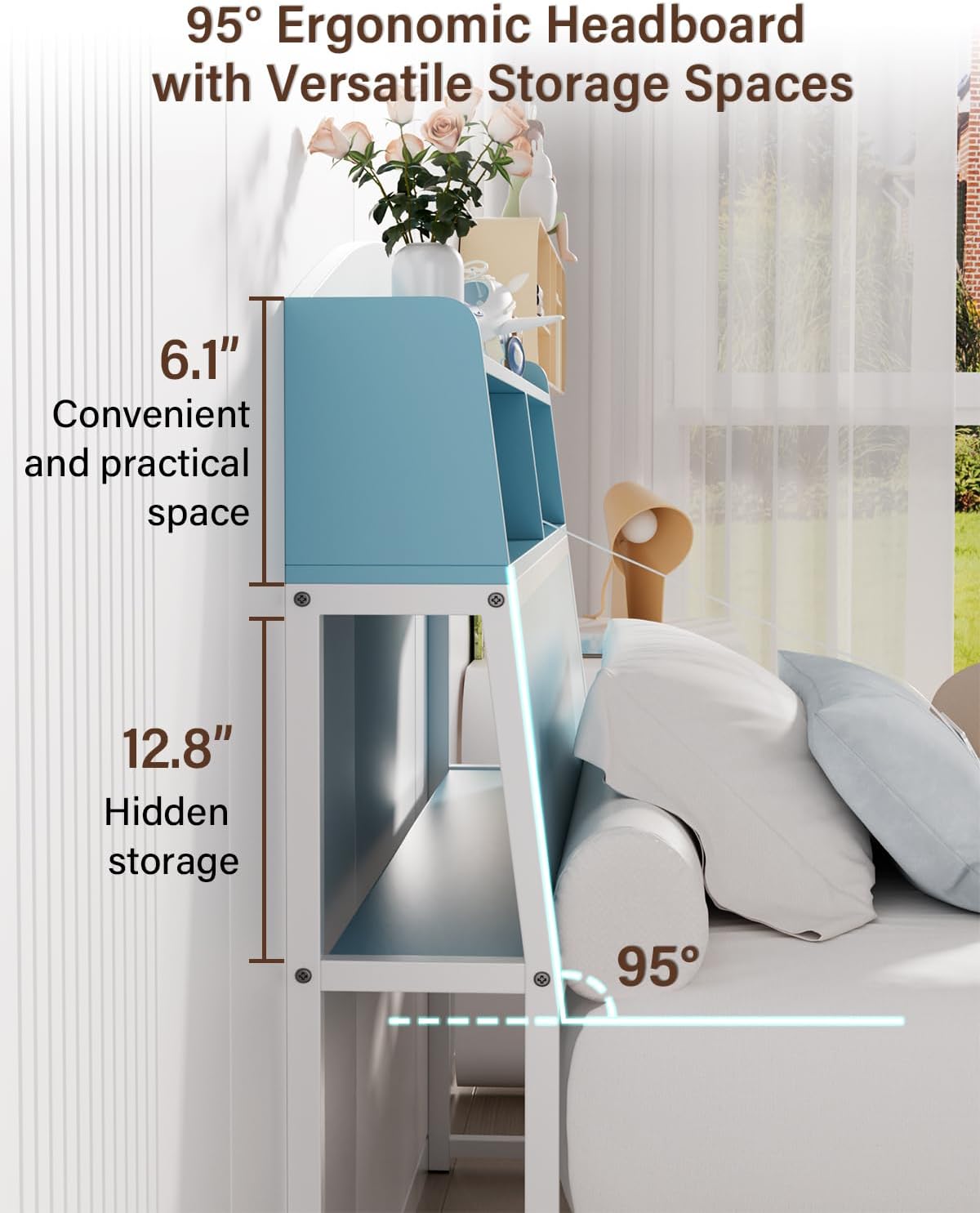 Wooden Twin Bed Frame with Smart Storage Headboard & Drawer, 3-in-1 USB Charging Station, No Box Spring Required, Non-Slip Design, Perfect for Kids, Teens, or Guest Room (No Door White Blue, Twin)