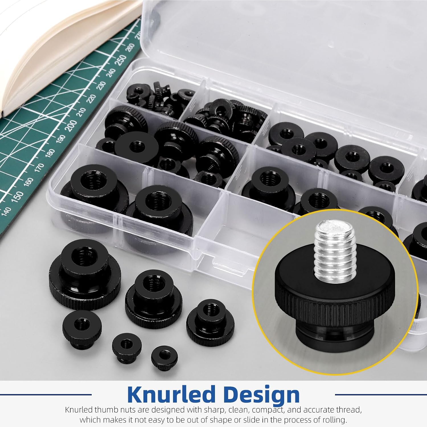 Glarks 60pcs M3/4/5/6/8/10 Knurled Thumb Nuts, Black Carbon Steel High Head Through Hole Nut, Nickel Plated Round Knobs Fasteners, Round Knurled Thumb Nuts for 3D Printer Parts, Machine Tools