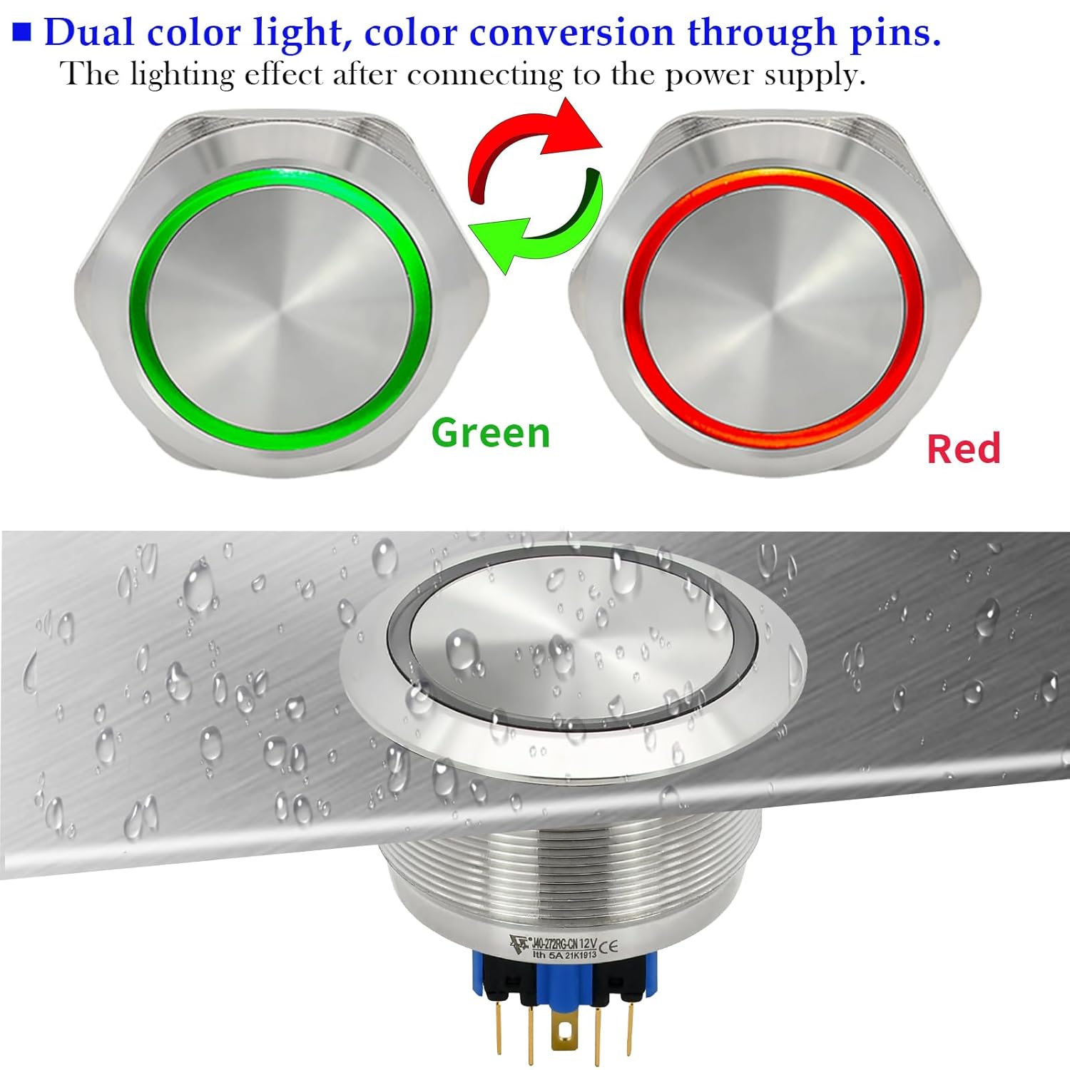 40mm 1.57" Momentary Big Push Button Switch 2 Color Light Red and Green 12VDC/AC Stainless Steel 316 Waterproof IP67 DPDT with Wire (Volts, 12)