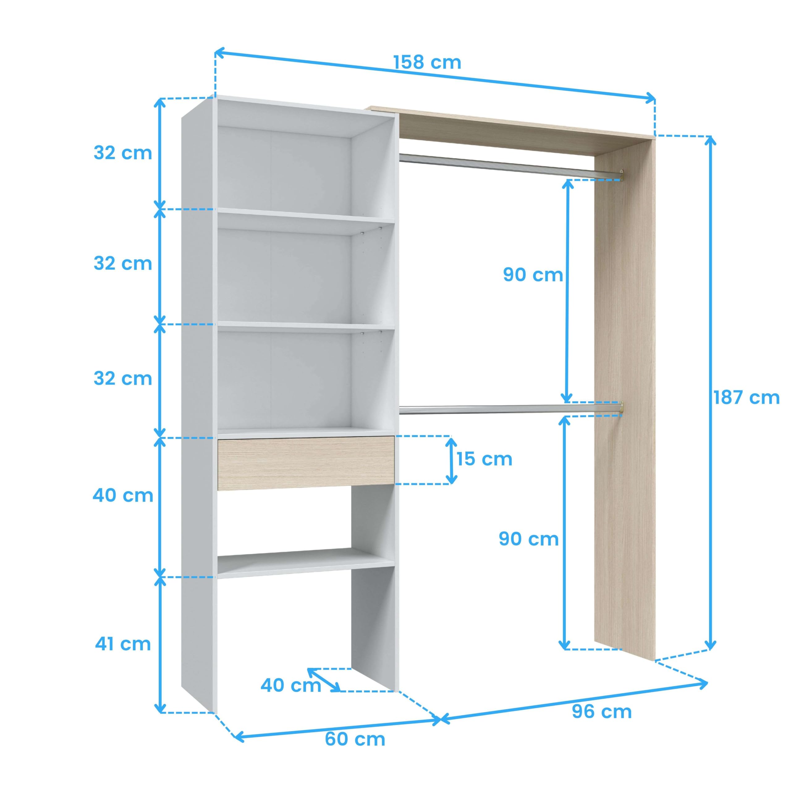 Habitdesign Armoire 2 tringles 4 étagères 1 tiroir 187 x 158 x 40 cm (H x l x P x P) - Dressing réversible Blanc « Artik » et chêne