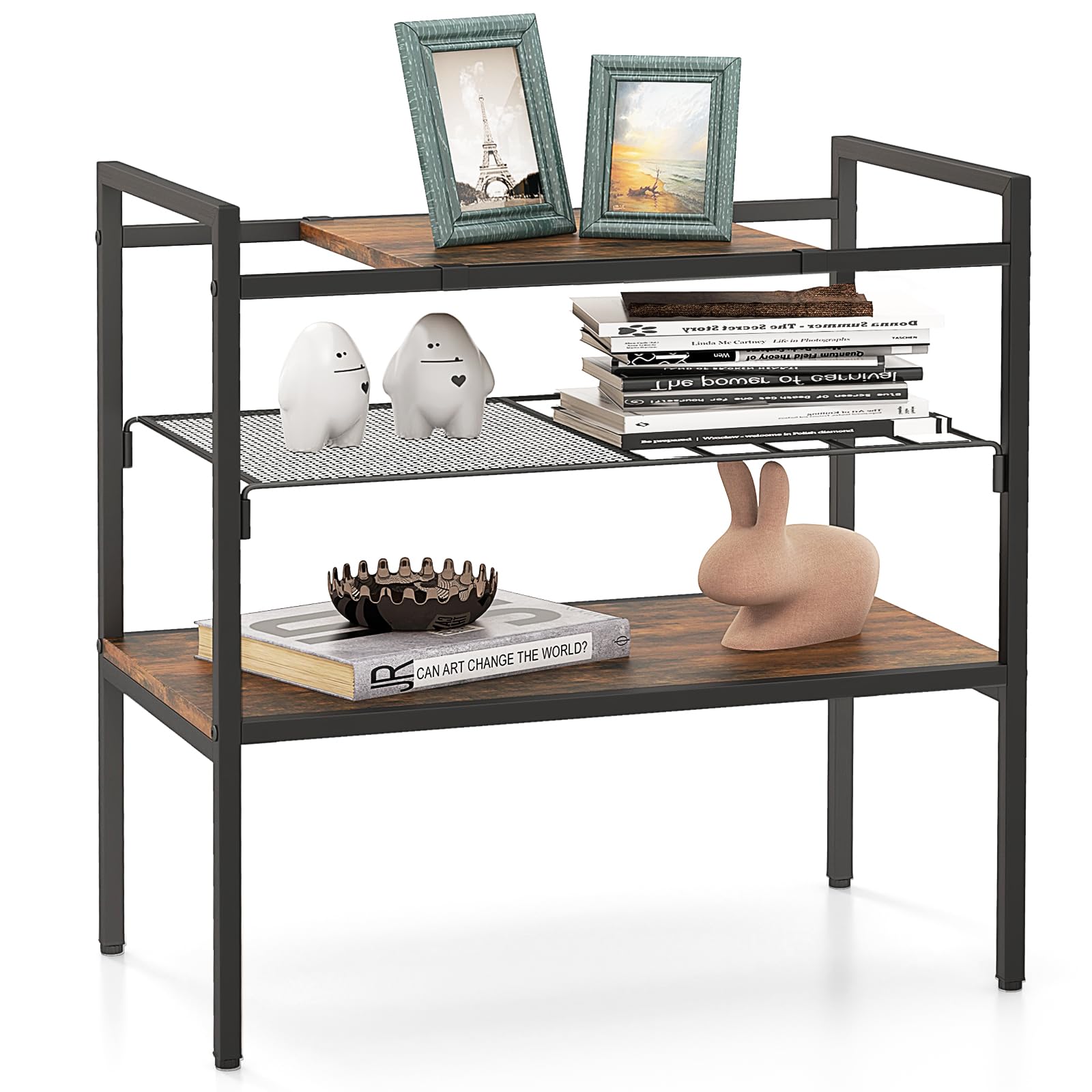 COSTWAY Side Table, 3-Tier Industrial Sofa End Table with Removable Top Panel and Mesh Shelf, Metal Frame Wooden Coffee Snack Tea Table for Living Room, Kitchen and Office