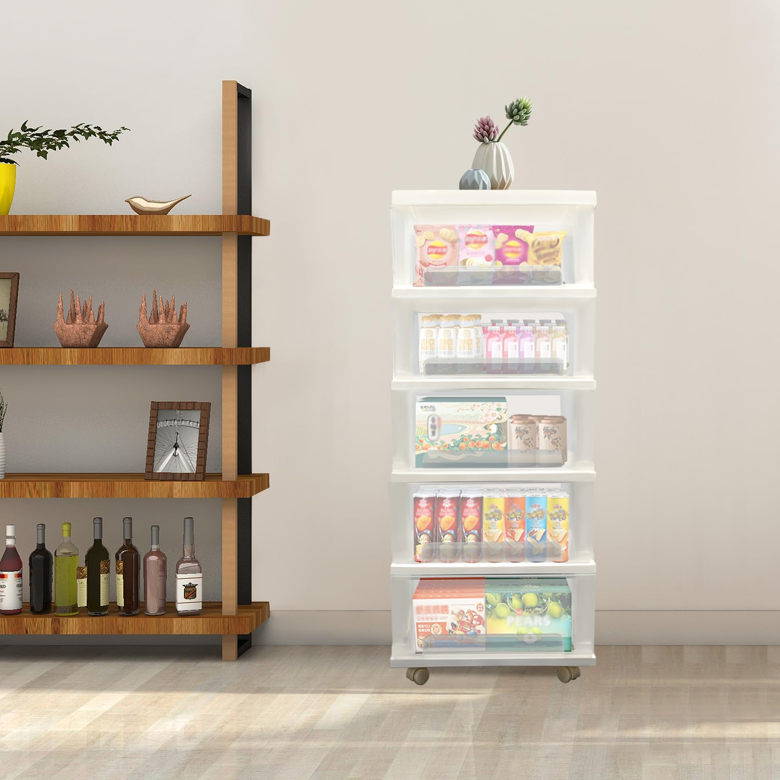 Cassettiera bianca con 5 cassetti, con puleggia, cassettiera arrotolabile, per ufficio, 40 x 33 x 98 cm, grande capacità, semplice cassetto trasparente per ufficio scolastico a casa