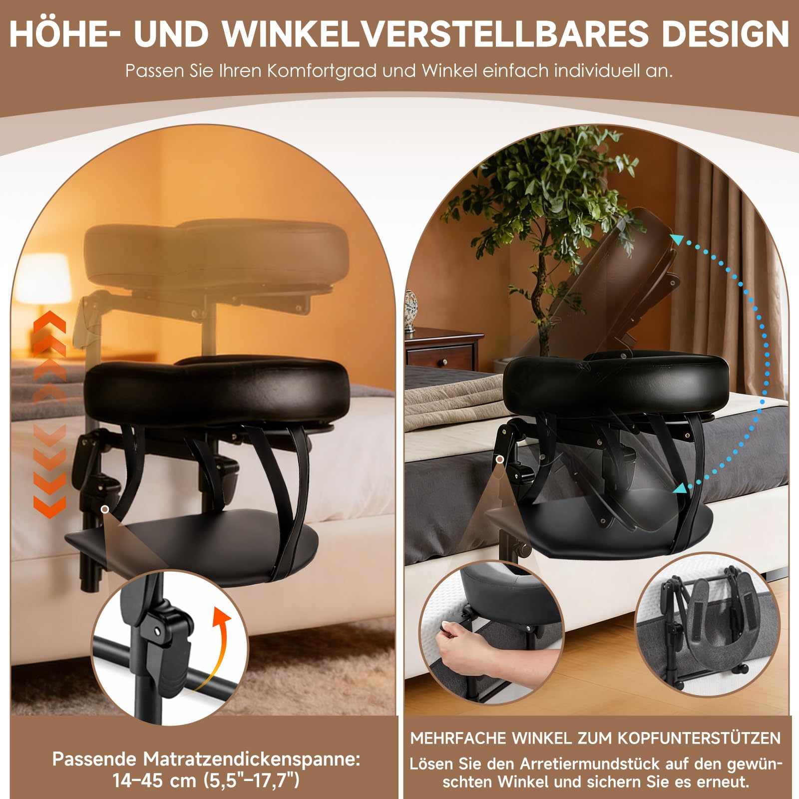 Massage Kopfstütze für Bett, Höhe 14–45 cm, Ergonomische Kopfstütze & Kissen mit Gesichtsschlitz, kompatibel mit Massageliege, Massagetisch, Kosmetikliege, Kopf Massage Zubehör, mit Armlehne