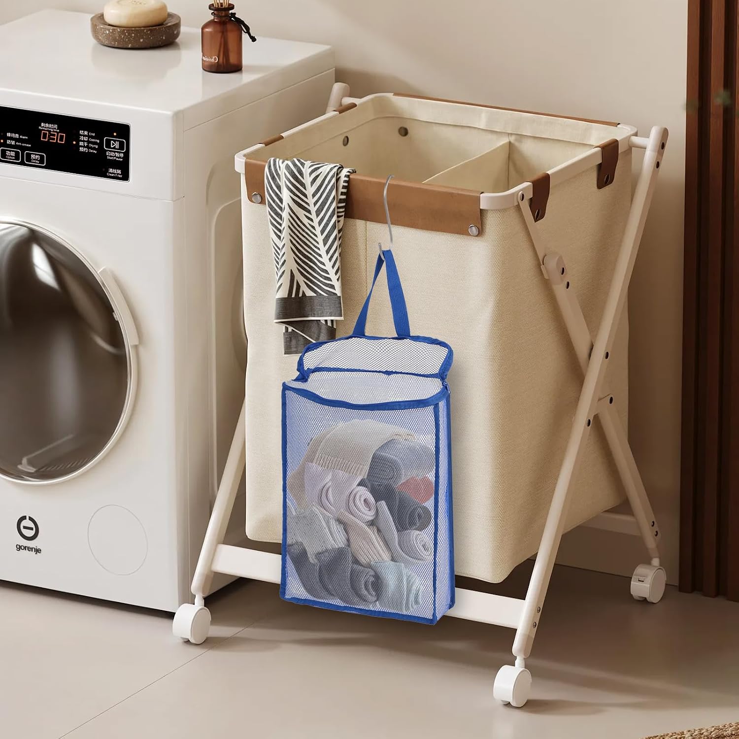 3-Pack 3D Cube Mesh Laundry Bags S/M/L with S-Hooks, Zippered Blue
